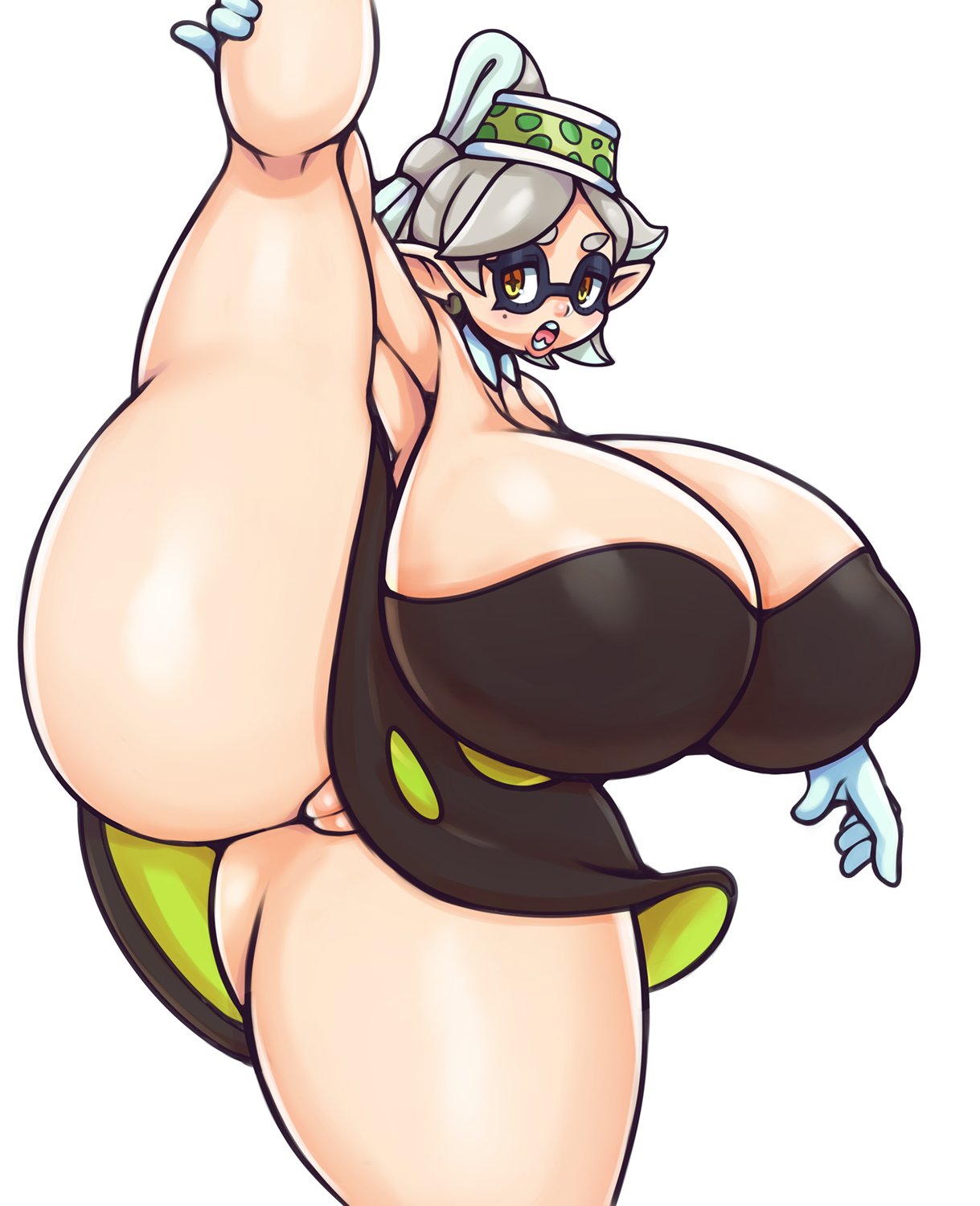 1girls, alternate breast size, breasts, breasts bigger than head, female, female only, huge breasts, inkling, looking at viewer, marie (splatoon), matospectoru, pussy, small head, solo, splatoon, splatoon 2, thick thighs, wide hips