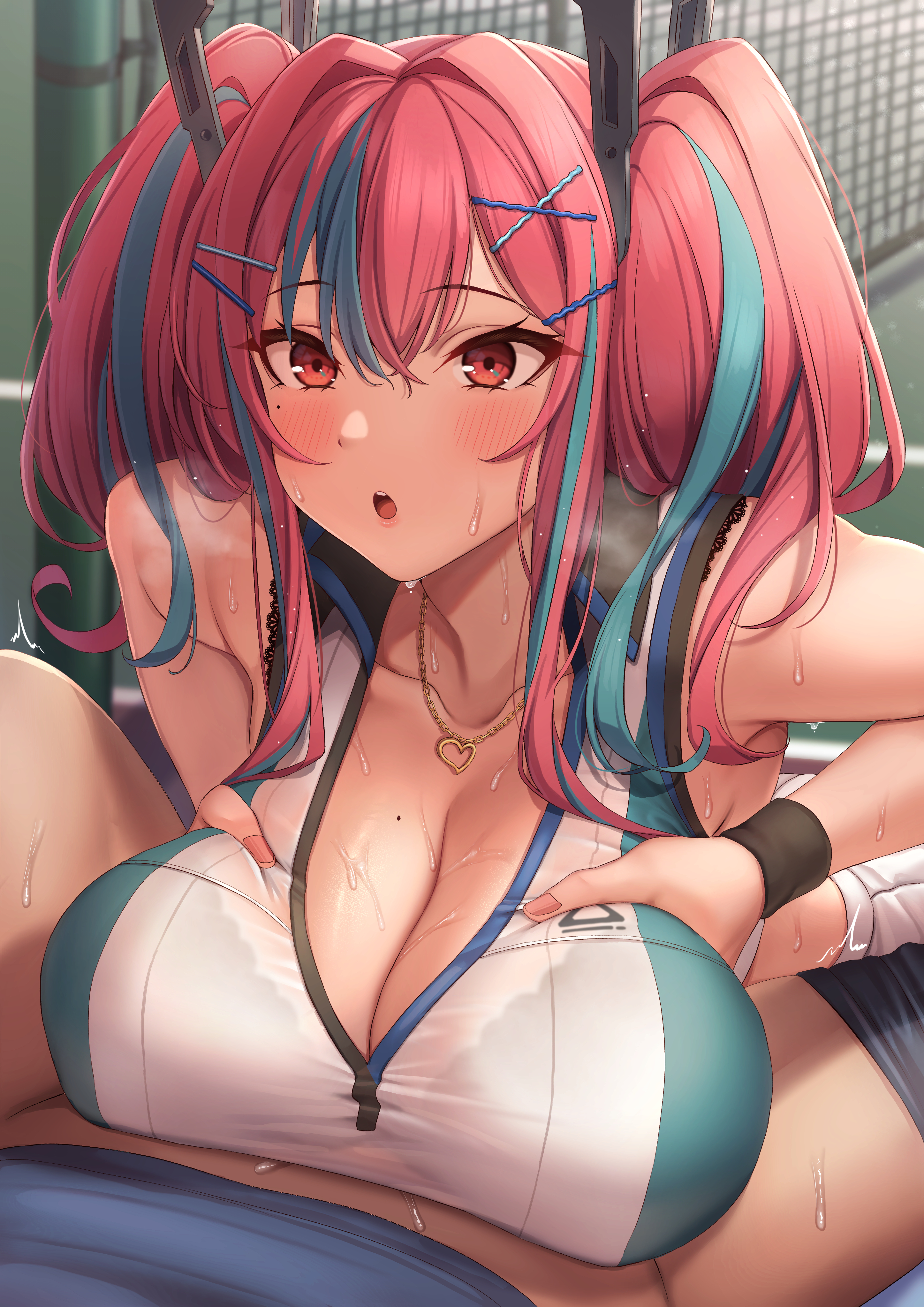 1boy, 1girls, 2021, absurdres, alternate version available, azur lane, bangs, bare shoulders, black bra, blue hair, blue shirt, blush, bra, bra visible through clothes, breast squeeze, breasts, bremerton (azur lane), bremerton (scorching-hot training) (azur lane), cleavage, closed mouth, clothes pull, collarbone, crop top, cum, cum on body, cum on breasts, eyebrows visible through hair, female, female focus, hair ornament, heart, heart necklace, highres, large breasts, licking lips, long hair, looking at viewer, male, momo no sukebe, multicolored hair, necktie, official alternate costume, open mouth, paizuri, paizuri under clothes, pants, pants pull, pink eyes, pink hair, red eyes, shirt, sleeveless, sleeveless shirt, smile, sportswear, spread legs, straight, streaked hair, sweat, tennis court, tennis uniform, tongue, tongue out, trembling, twintails, two-tone shirt, underwear, x hair ornament
