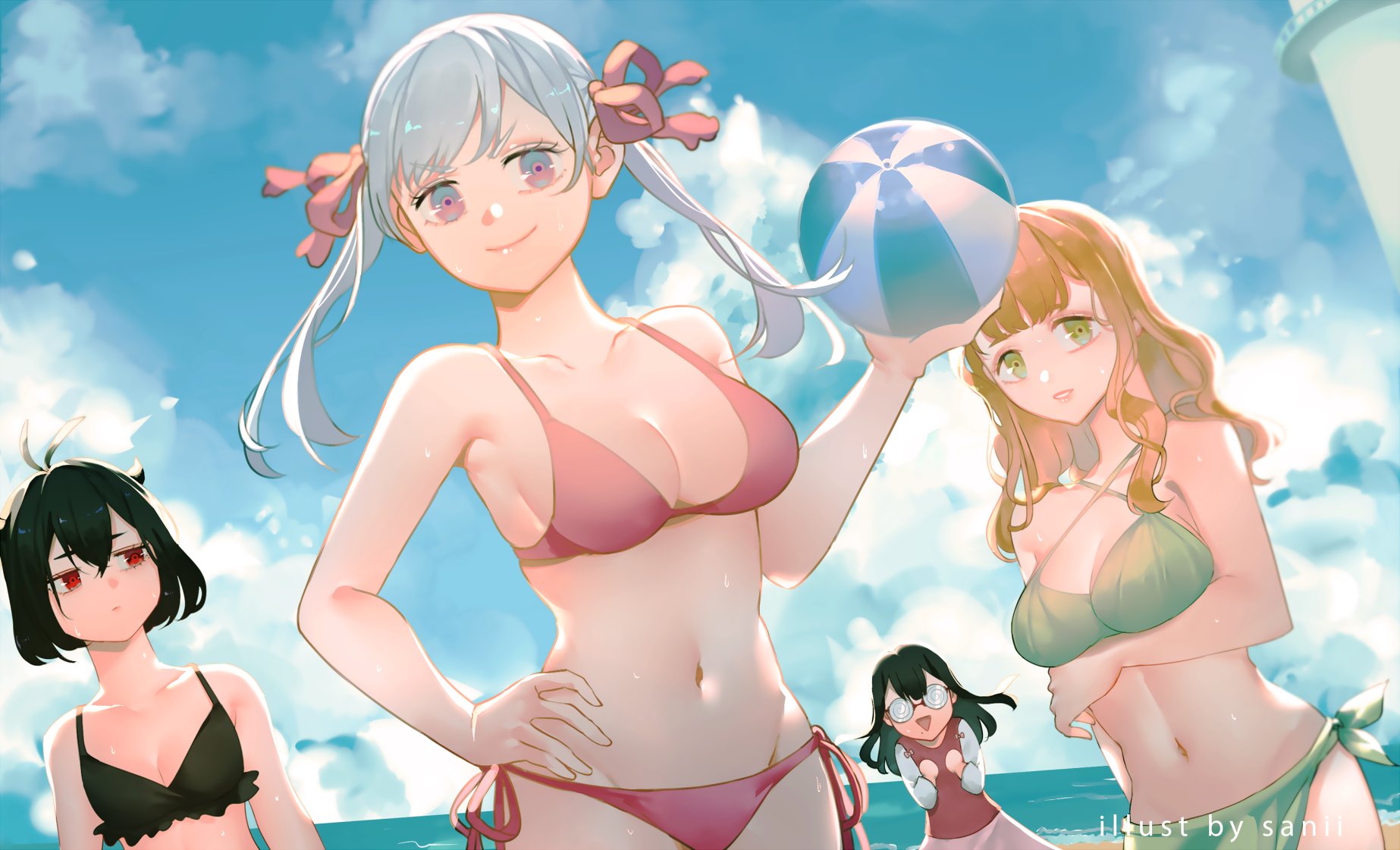 4girls, beach ball, black clover, black hair, breasts, female, female only, green eyes, human, lolopechka, long hair, mimosa vermillion, multiple females, multiple girls, noelle silva, orange hair, purple eyes, red eyes, royalty, secre swallowtail, short hair, shounen jump, silver hair, swimsuit, twintails