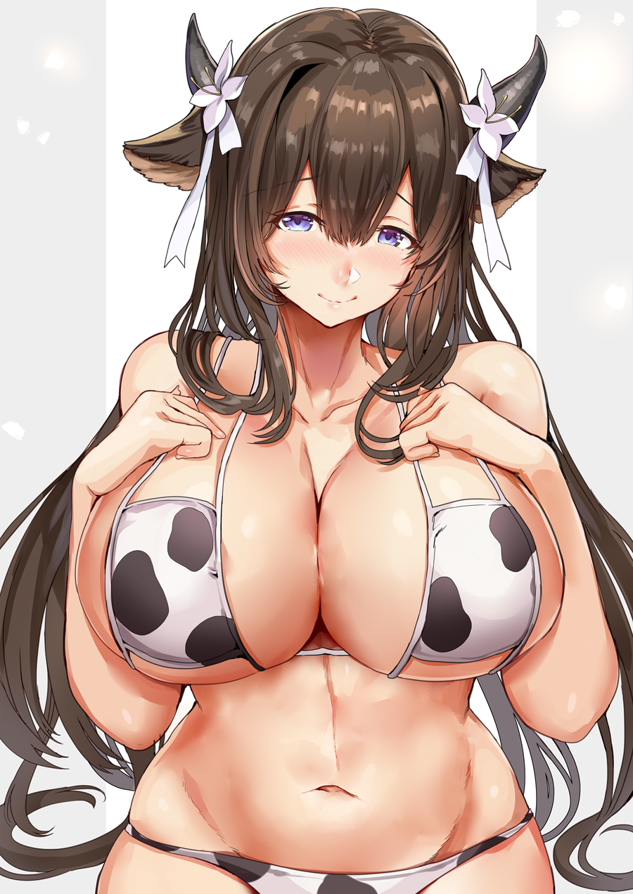 1girls 2021 alternate_costume animal_ears animal_print azur_lane bikini breasts brown_hair covered_nipples cow_bikini cow_ears cow_girl cow_horns cow_print eyepatch_bikini female female_focus female_only flower hair_between_eyes hair_flower hair_ornament hands_on_breasts hands_on_chest hands_on_own_breasts hands_on_own_chest highres himuro_shunsuke horns kashino_(azur_lane) large_breasts light_blush long_hair looking_at_viewer purple_eyes simple_background smiling solo solo_female swimsuit upper_body very_long_hair white_flower