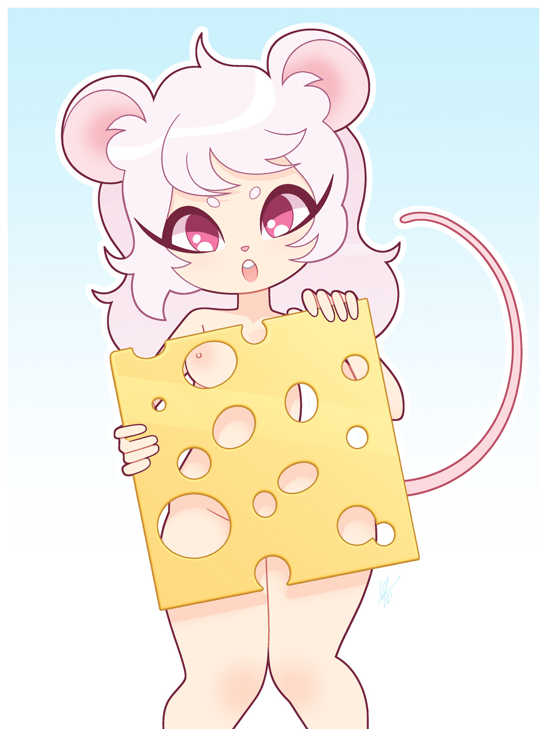 1girls, annie (louistrations), areolae, breasts, cheese, covering, covering self, cute, embarrassed, embarrassed nude female, enf, exposed breasts, female, hiding, holding object, knees together feet apart, louistrations, mouse, mouse ears, mouse girl, mouse tail, naked, nipples, nude, silver hair, surprised