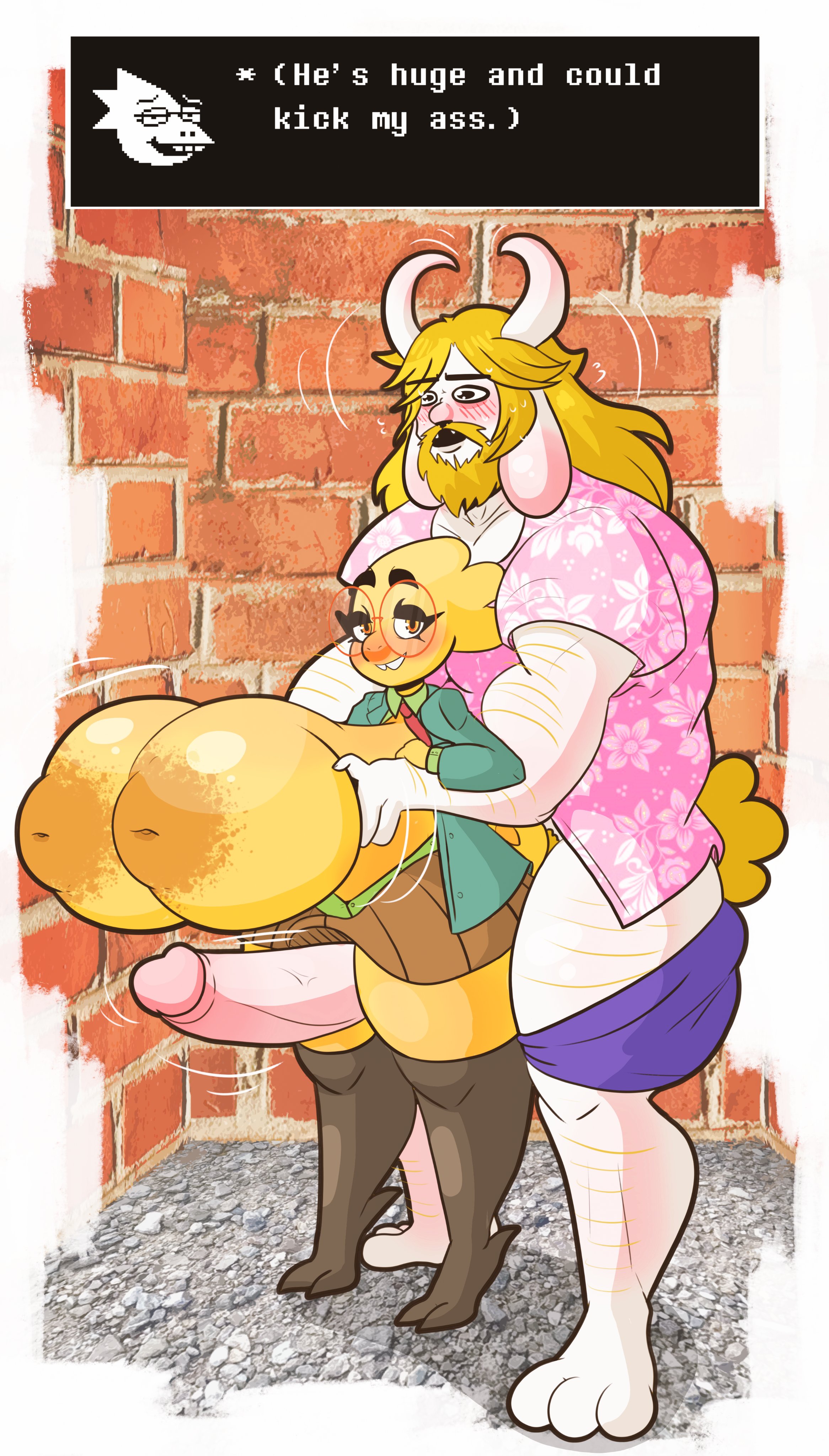 1boy, 1girls, 2d, absurd res, alley, alphys, anthro, anthro female, anthro on anthro, anthro only, areola, areolae, asgore dreemurr, barefoot, beard, bedroom eyes, big breasts, big penis, blonde beard, blonde hair, blush, bodily fluids, boss monster, bottomwear, bovid, breast grab, breasts, buckteeth, caprine, clothed, clothing, crashcantheman, deltarune, detailed background, dialogue, dialogue box, dress shirt, duo, english text, erection, eyeshadow, eyewear, facial hair, fangs, feet, female, floral print, fur, furry, furry male, genitals, glasses, goat, goat boy, goat humanoid, guided breast grab, hair, hairy, hand on breast, hi res, horn, huge areolae, huge breasts, huge cock, humanoid, humanoid genitalia, humanoid penis, hyper, hyper breasts, hyper genitalia, hyper penis, in awe, inverted nipples, jacket, larger anthro, larger male, legwear, lizard, lizard girl, lizard humanoid, looking at viewer, makeup, male, male/female, mammal, narrowed eyes, necktie, nipples, non-mammal breasts, non-mammal nipples, open clothing, open mouth, open shirt, open topwear, orange nipples, outside, partially clothed, penis, photo background, puffy areola, reptile, reptile humanoid, scales, scalie, seductive, sex, shirt, shorts, shorts down, shortstack, size difference, skirt, smaller anthro, smaller female, smile, smug, standing, sweat, teeth, text, thick thighs, thigh highs, thigh sex, three-quarter view, topwear, undertale, undertale (series), video games, white body, white fur, wide hips, yellow body, yellow scales