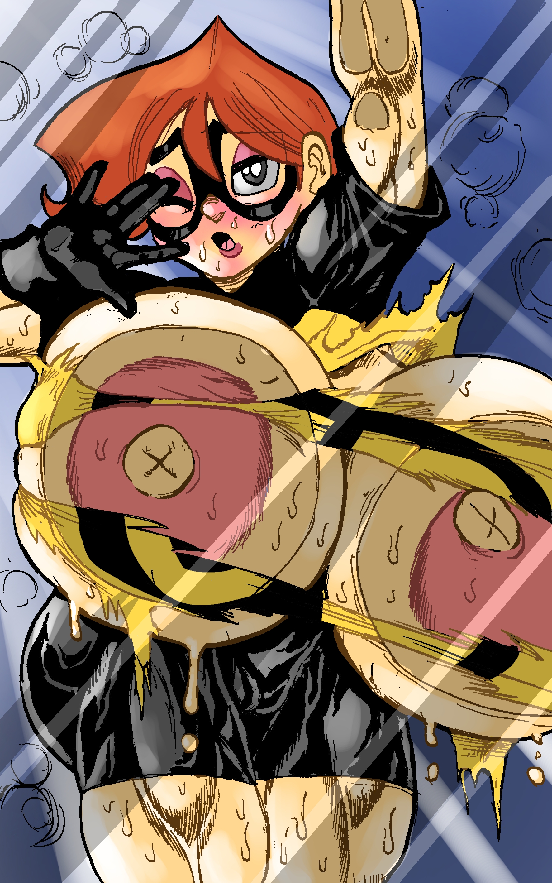 ass, audrey page, big breasts, breast press, breasts, breasts against glass, female, golden girl, goudadunn, hi res, huge ass, huge breasts, hyper breasts, large areolae, large breasts, short hair, superheroine, the developing adventures of golden girl, torn clothes