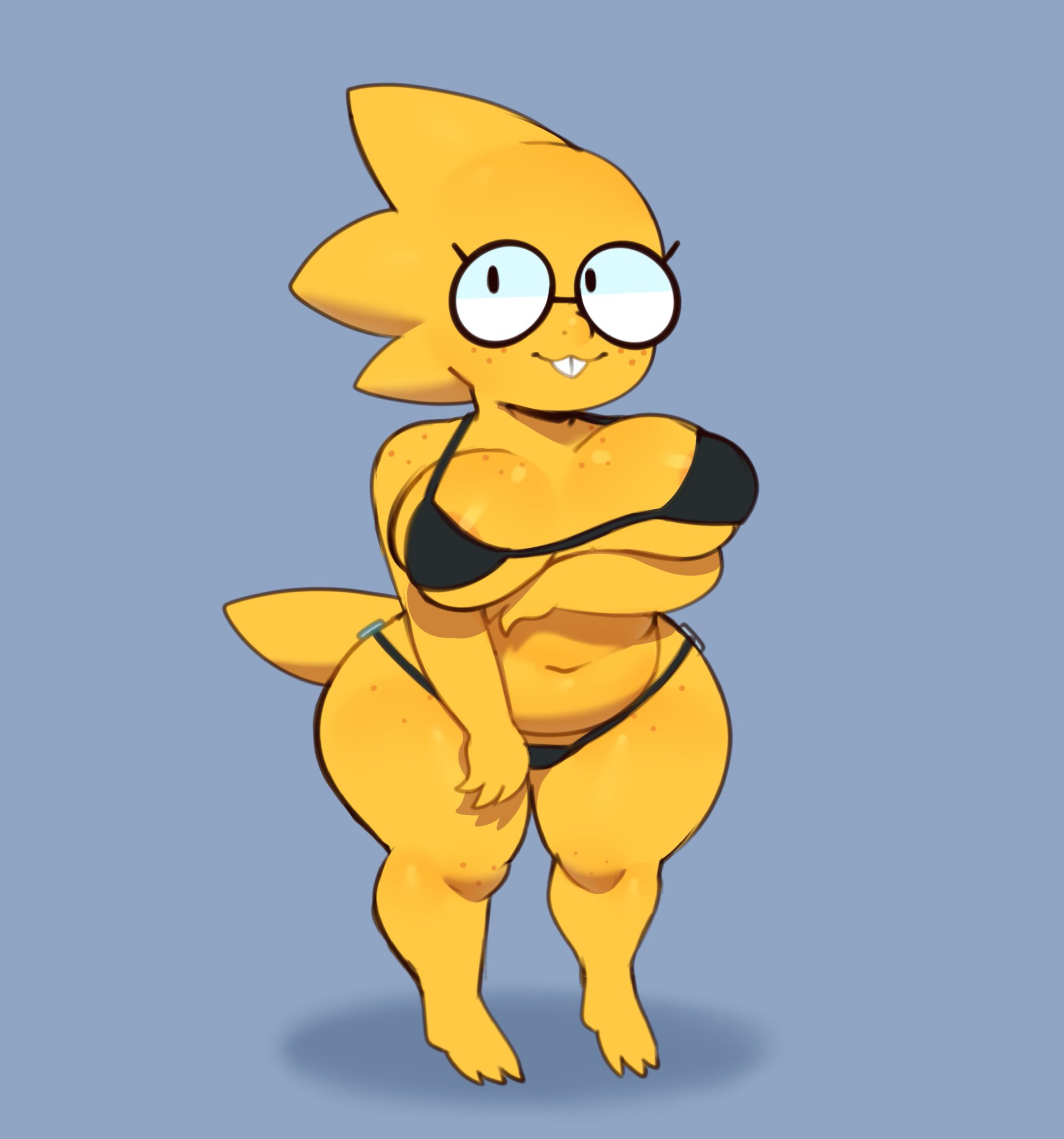 1girls, 2d, alphys, anthro, anthro female, anthro only, arm under breasts, big breasts, bikini, black bra, black panties, bra, breasts, buckteeth, chubby, cleavage, clothing, eyewear, female, female only, freckles, glasses, hi res, humanoid, lizard, lizard girl, lizard humanoid, navel, panties, reptile, reptile humanoid, scalie, shortstack, simple background, slightly chubby, solo, somescrub, swimsuit, swimwear, teeth, thick thighs, undertale, undertale (series), underwear, underwear only, video games, yellow body, yellow skin