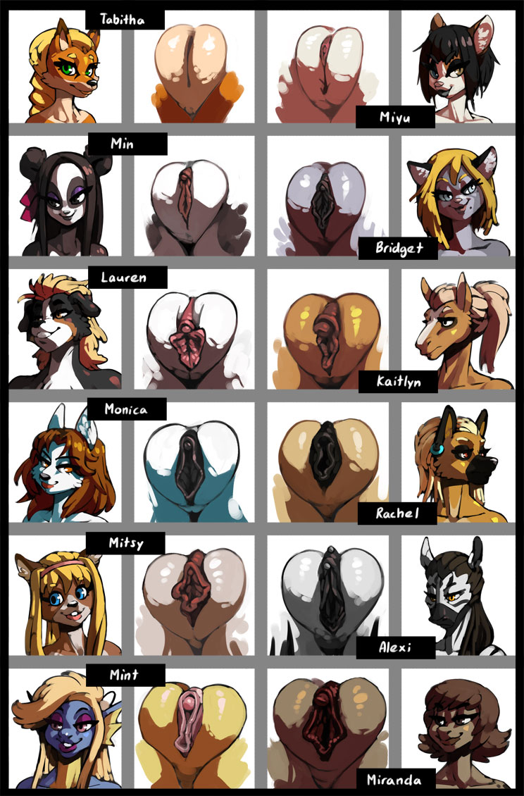 accessory alexi_(wsad) anthro arctic_wolf bernese_mountain_dog bittenhard black_body black_fur black_hair blonde_hair blue_body blue_eyes bobtail_cat braided_hair bridget_(wsad) brown_body brown_eyes brown_fur brown_hair canid canine canis chart clitoral_hood clitoris clitoris_piercing collie domestic_cat domestic_dog dragon equid equine eyeshadow felid feline felis female fox fur genital_piercing genitals german_shepherd giant_panda green_eyes grey_body grey_fur group hair hair_accessory herding_dog horse japanese_bobtail kaitlyn_(wsad) komodo_dragon lauren_(wsad) lineup lizard long_hair makeup mammal markings min_(bittenhard) mint_(bittenhard) miranda_(wsad) mitsy_fields_(wsad) miyu_(wsad) model_sheet molosser monica_blackwater_(wsad) monitor_lizard mountain_dog orange_body orange_fur pastoral_dog piercing pussy pussy_gallery rachel_(wsad) reptile scalie sheepdog short_hair striped_markings stripes swiss_mountain_dog tabitha_(wsad) ursid white_body white_fur wolf yellow_body yellow_eyes yellow_skin zebra