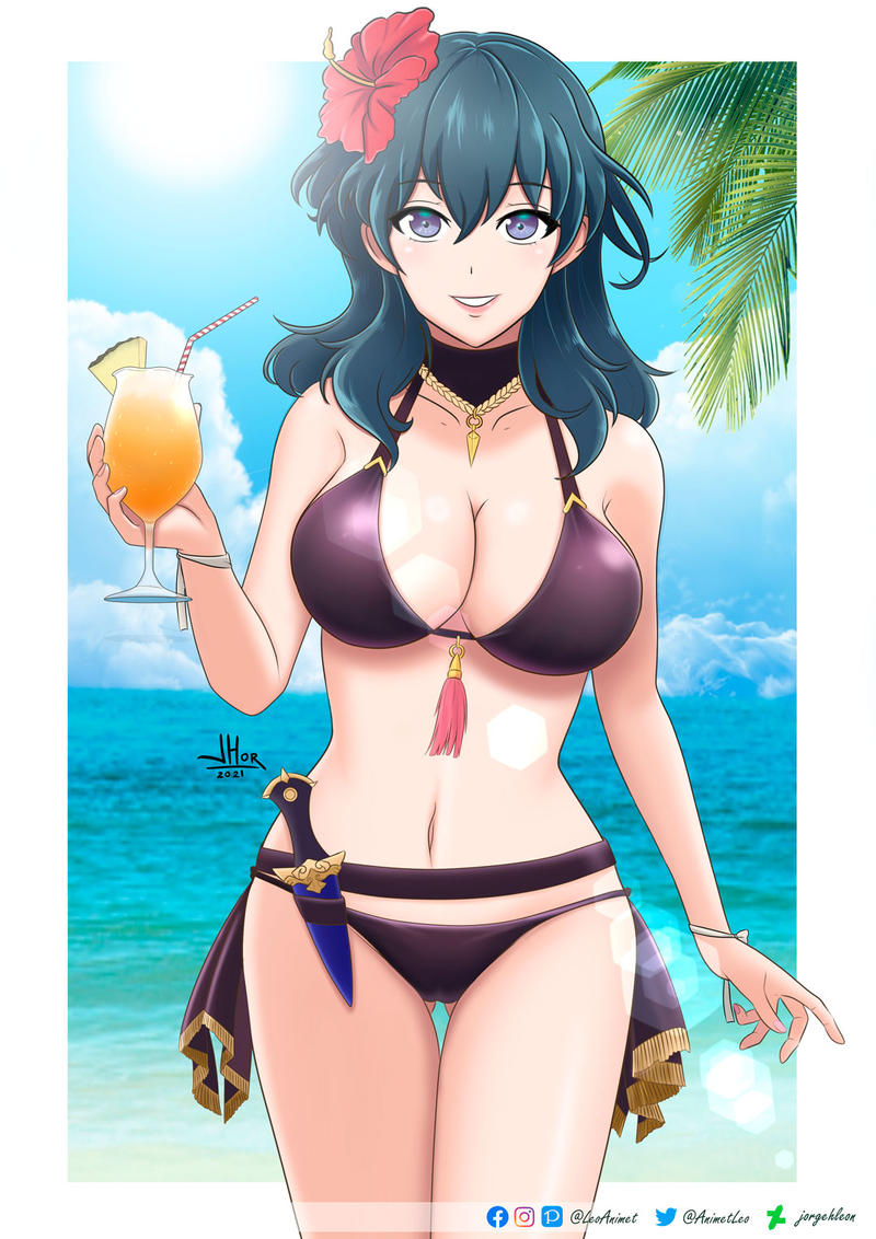 1girls, alternate costume, animeleo, ass visible through thighs, bare shoulders, beach, bikini, black bikini, black swimsuit, breasts, byleth (fire emblem), byleth (fire emblem) (female), cleavage, drink, female, fire emblem, fire emblem heroes, fire emblem: three houses, holding, holding drink, large breasts, leoanimet, looking at viewer, medium hair, midriff, navel, nintendo, official alternate costume, outdoors, outside, smile, solo, summer, swimsuit
