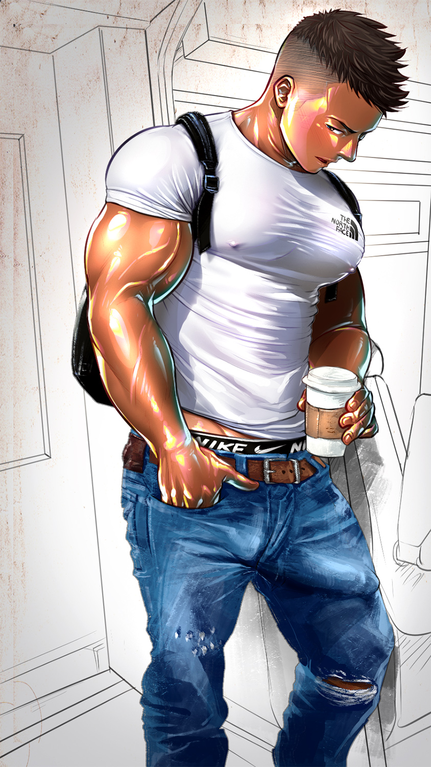 1boy, artisticjinsky, bara, big breasts, big muscles, big penis, breasts, bulge, bulge down leg, bulge through clothing, gay, huge pecs, male, male focus, male only, male with breasts, muscles, muscular, muscular male, muscular thighs, pecs, penis, tight clothes, tight clothing, tight pants, white shirt, yaoi