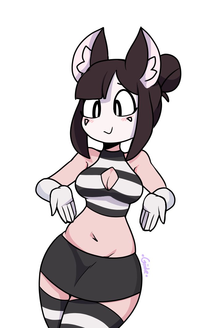 1girls, 2020, aiko (giidenuts), belly button, cat ears, cat girl, catgirl, cleavage cutout, facepaint, female, giidenuts, human, light skin, light-skinned female, mime, miniskirt, solo, thighhighs, white background, white gloves, wide hips