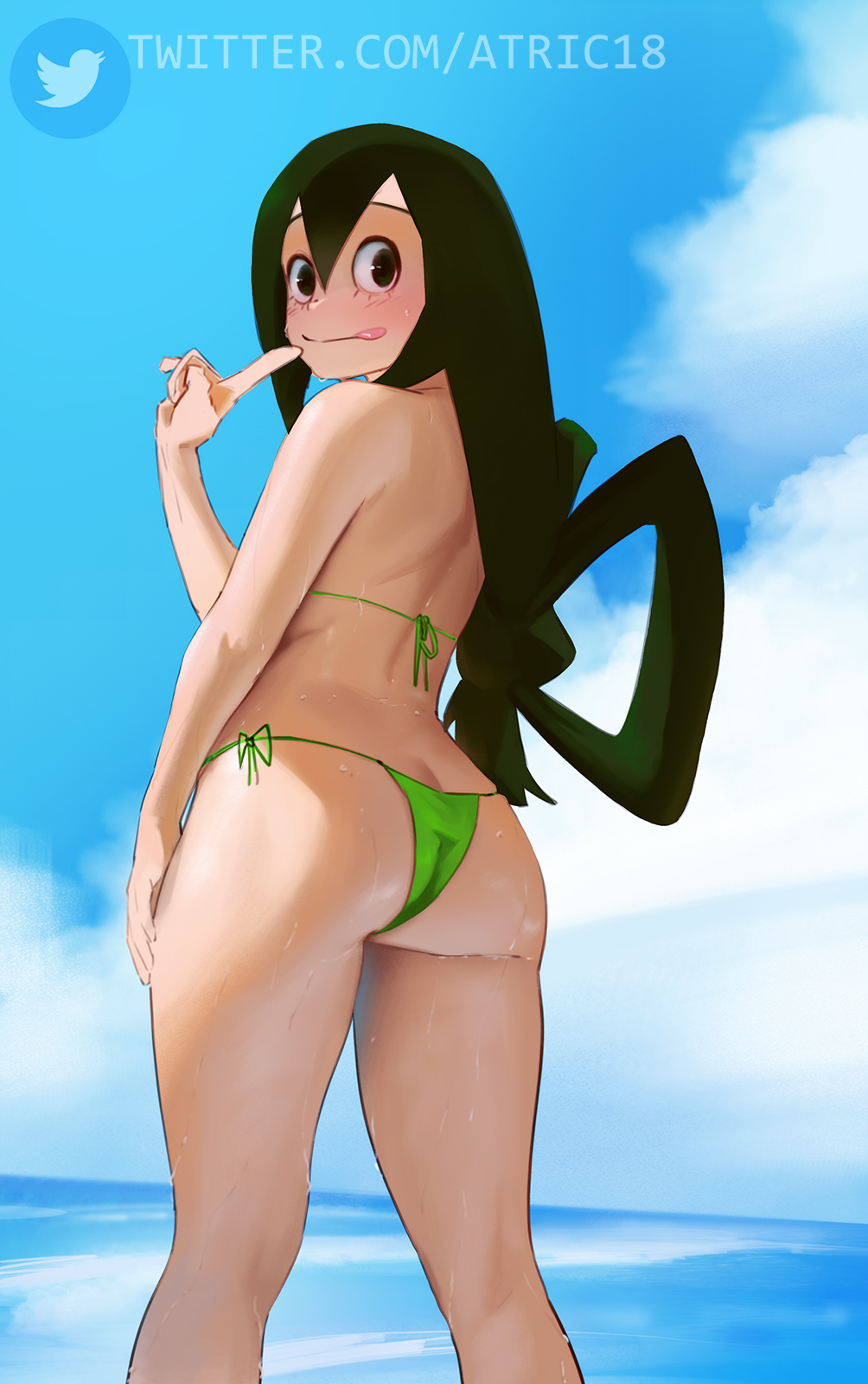 1girls ass ass_cleavage atric18 bikini blush butt_crack female long_hair looking_back micro_bikini my_hero_academia solo standing thighs tsuyu_asui