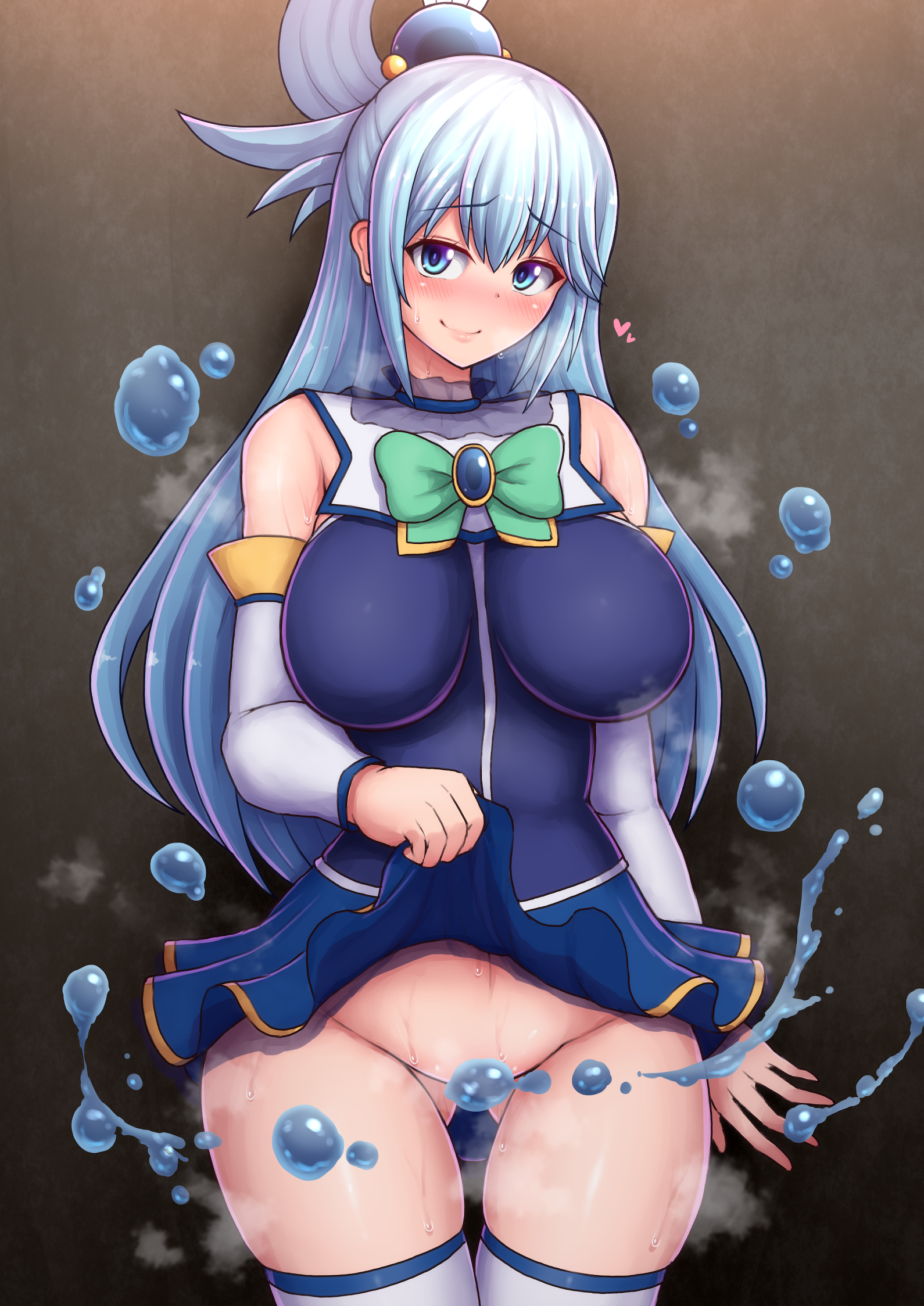 1girls, aqua (konosuba), big breasts, blue eyes, blue hair, blush, bottomless, breasts, eye contact, female, kono subarashii sekai ni shukufuku wo!, large breasts, long hair, looking at viewer, no panties, ponpo, smile, solo, standing, thick thighs, thighhighs, thighs