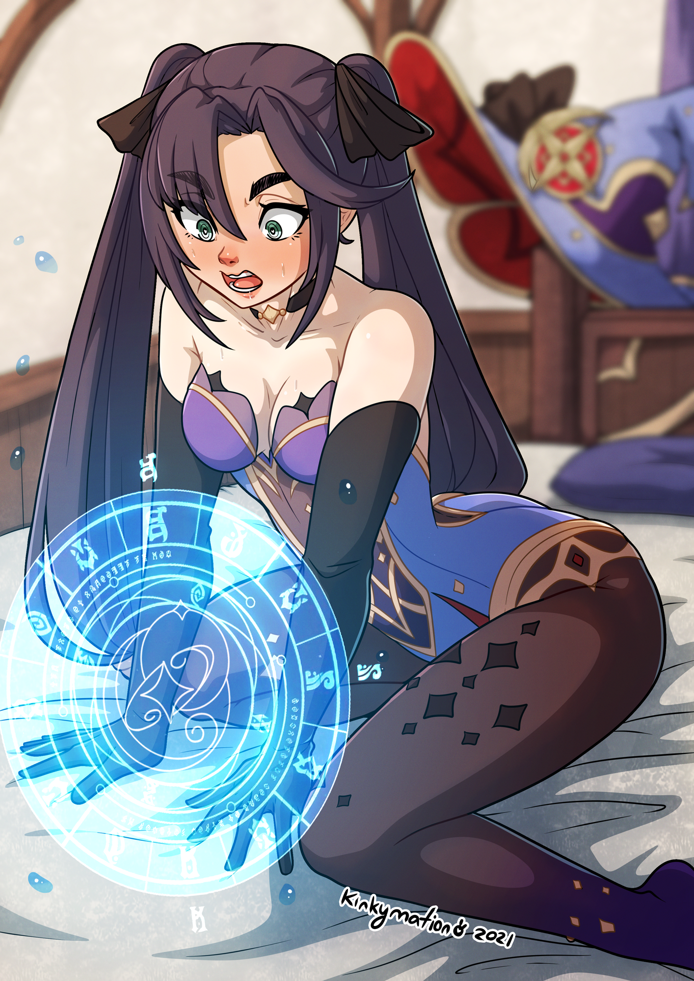 1girls, aqua eyes, arm gloves, arm support, ass, asymmetrical docking, bangs, bare shoulders, bed, big ass, black choker, black gloves, black hair, black ribbon, blue leotard, blurry background, blush, breasts, brown legwear, choker, cleavage, clothed female, elbow gloves, eyebrows visible through hair, eyes visible through hair, female, female only, genshin impact, gloves, hair between eyes, hair ornament, hair ribbon, hat, hat removed, hi res, indoors, jewelry, kinkymation, large ass, leaning, leaning forward, legwear, leotard, long hair, looking down, magic circle, medium breasts, mona (genshin impact), necklace, nervous, no shoes, on bed, open mouth, pantyhose, sitting, solo, solo female, strapless, strapless leotard, surprised, sweat, thick eyebrows, tied hair, twintails, very long hair, wariza, wide eyed, witch, witch hat