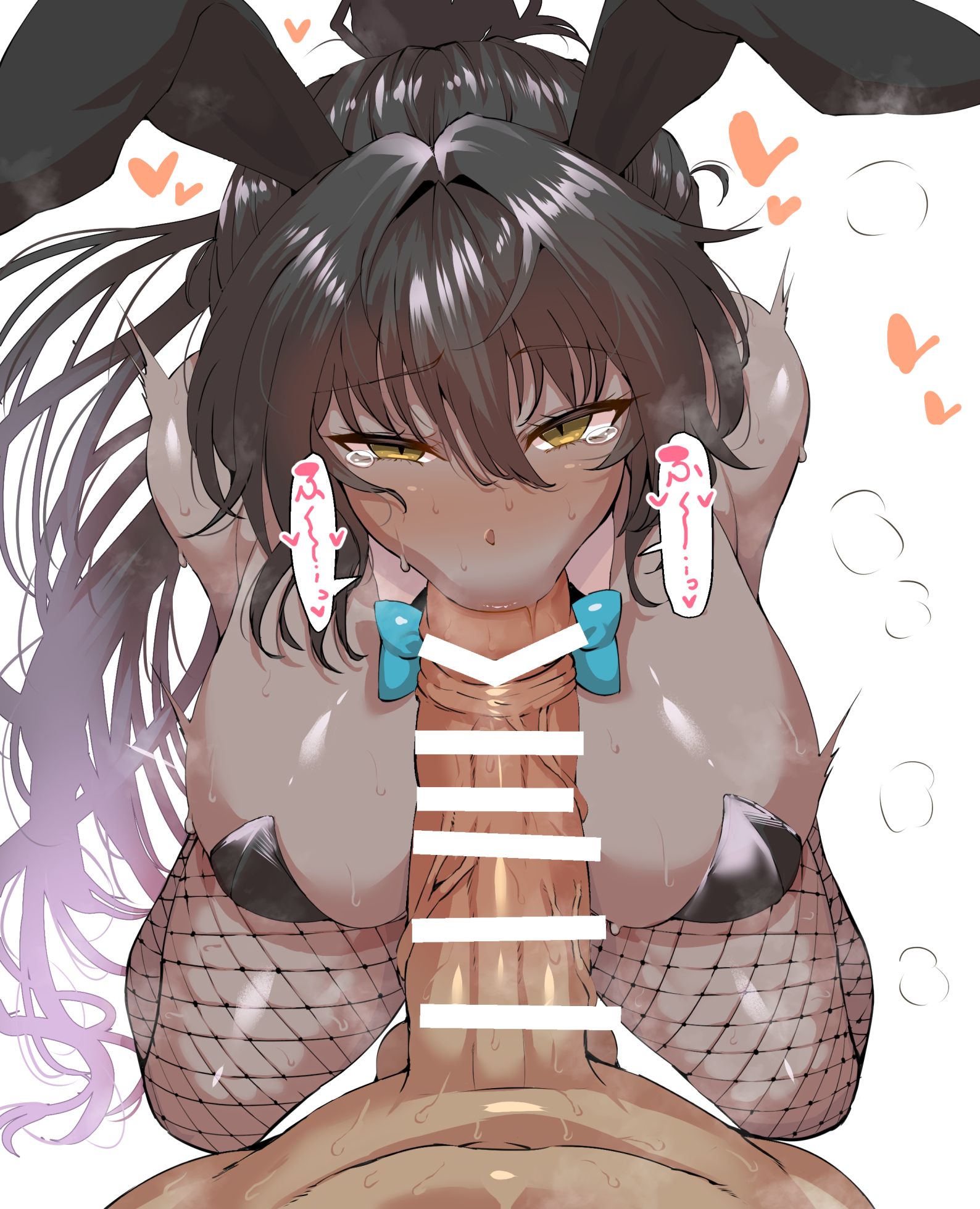 1boy, 1girls, alternate version available, animal ears, bangs, bar censor, bare shoulders, black hair, black leotard, blue archive, blue bow, blue bowtie, blue leotard, blush, bow, bowtie, breasts, bunny ears, bunny girl, censored, cleavage, dark skin, dark-skinned female, detached collar, erection, eyebrows visible through hair, fake animal ears, fellatio, female, female focus, heart, highres, karin (blue archive), karin (bunny) (blue archive), large breasts, leotard, licking, licking penis, long hair, looking at viewer, male, millennium science school student, mole, mole on breast, oral, pantyhose, penis, ponytail, pov, pov male, rabbit ears, saliva, sidelocks, straight, sweat, tongue, tongue out, wakura (gcdan), yellow eyes