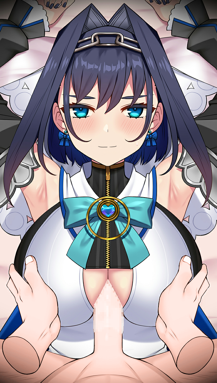 1boy, 1girls, armpits, arms up, bangs, big breasts, blue eyes, blue hair, blush, breasts, censored, clothed paizuri, clothed sex, female, hololive, hololive english, hololive english -council-, hololive english -promise-, huge breasts, large breasts, light skin, light-skinned female, light-skinned male, male, mosaic censoring, nt00, ouro kronii, paizuri, paizuri under clothes, penis, sex, virtual youtuber