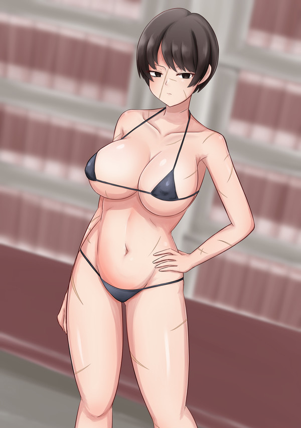 annoyed big_breasts bikini black_eyes black_hair blurry_background hand_on_hip library_of_ruina looking_at_viewer project_moon scars solo solo_female string_bikini yujin_(library_of_ruina)