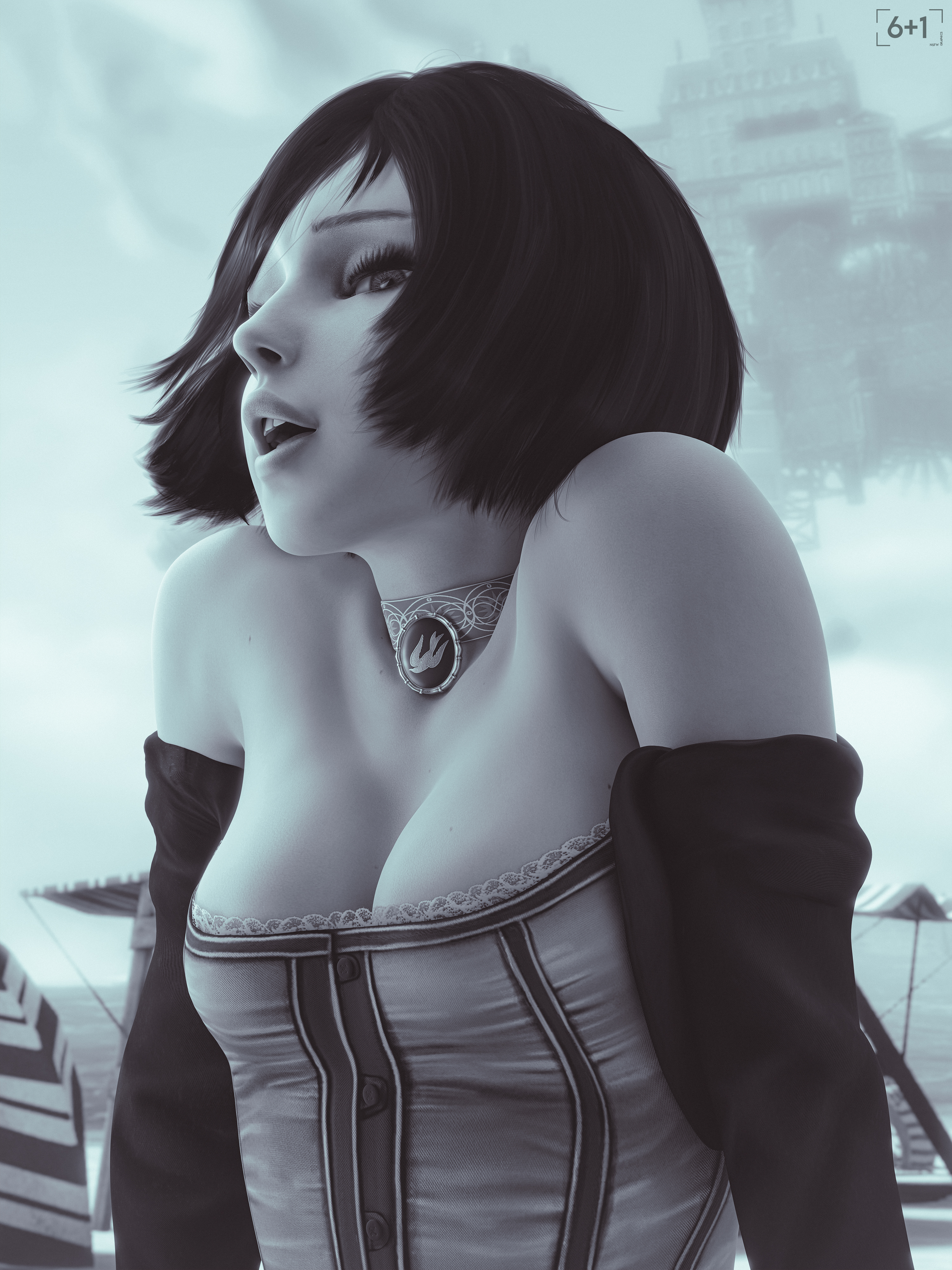3d, athletic, athletic female, beach, bioshock, bioshock infinite, black and white, breasts, brown hair, cloud, day, elizabeth comstock, female, female focus, female only, monochrome, outdoors, sand, short hair, sixplusone, sky, small breasts, solo, sunlight, tagme, water