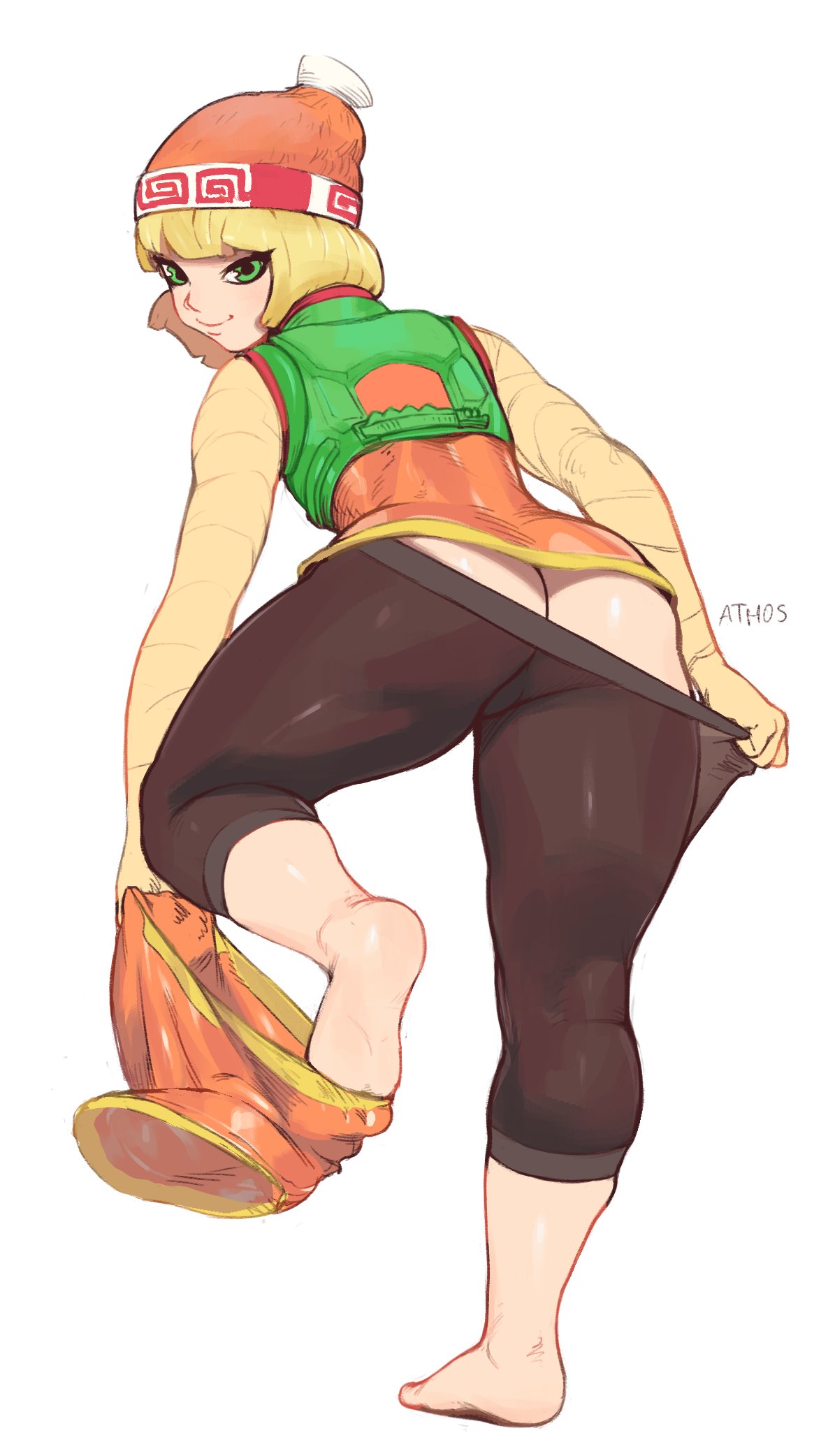 arms_(game) ass ass_cleavage athosart blonde_hair bob_cut butt_crack dat_ass feet female green_eyes hat looking_back min_min_(arms) nintendo pants_down pants_pull pantyhose shirt shorts_removed vest