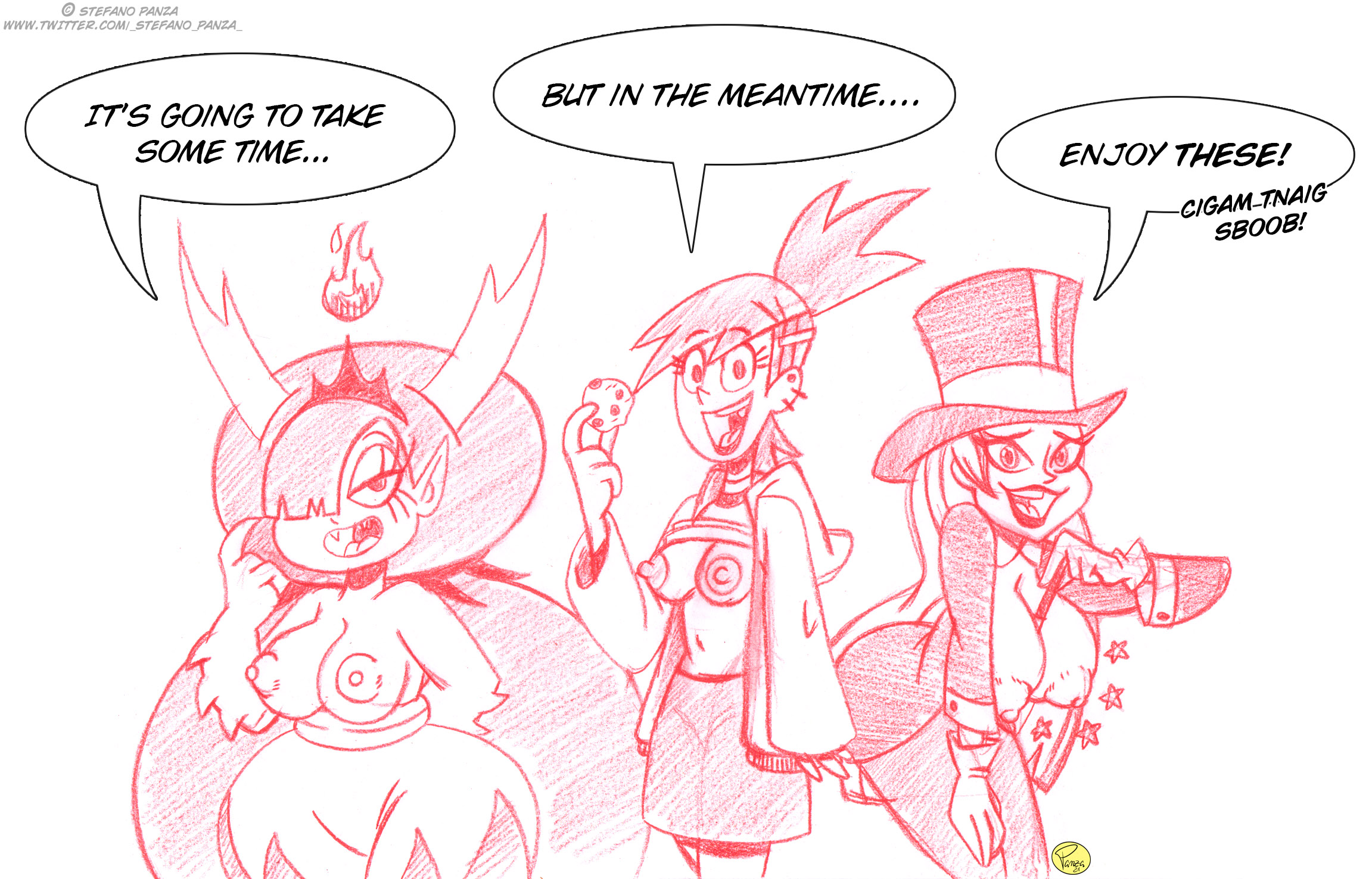 3girls, big breasts, breast expansion, breast growth, breast growth (enlargement), breasts, crossover, dc, dc comics, dc super hero girls, dialogue, female, female only, flashing, foster's home for imaginary friends, frankie foster, hanging breasts, hekapoo, ilpanza, monochrome, navel, puffy areola, puffy nipples, sagging breasts, shirt lift, speech bubble, star vs the forces of evil, topless, wide hips, zee zatara