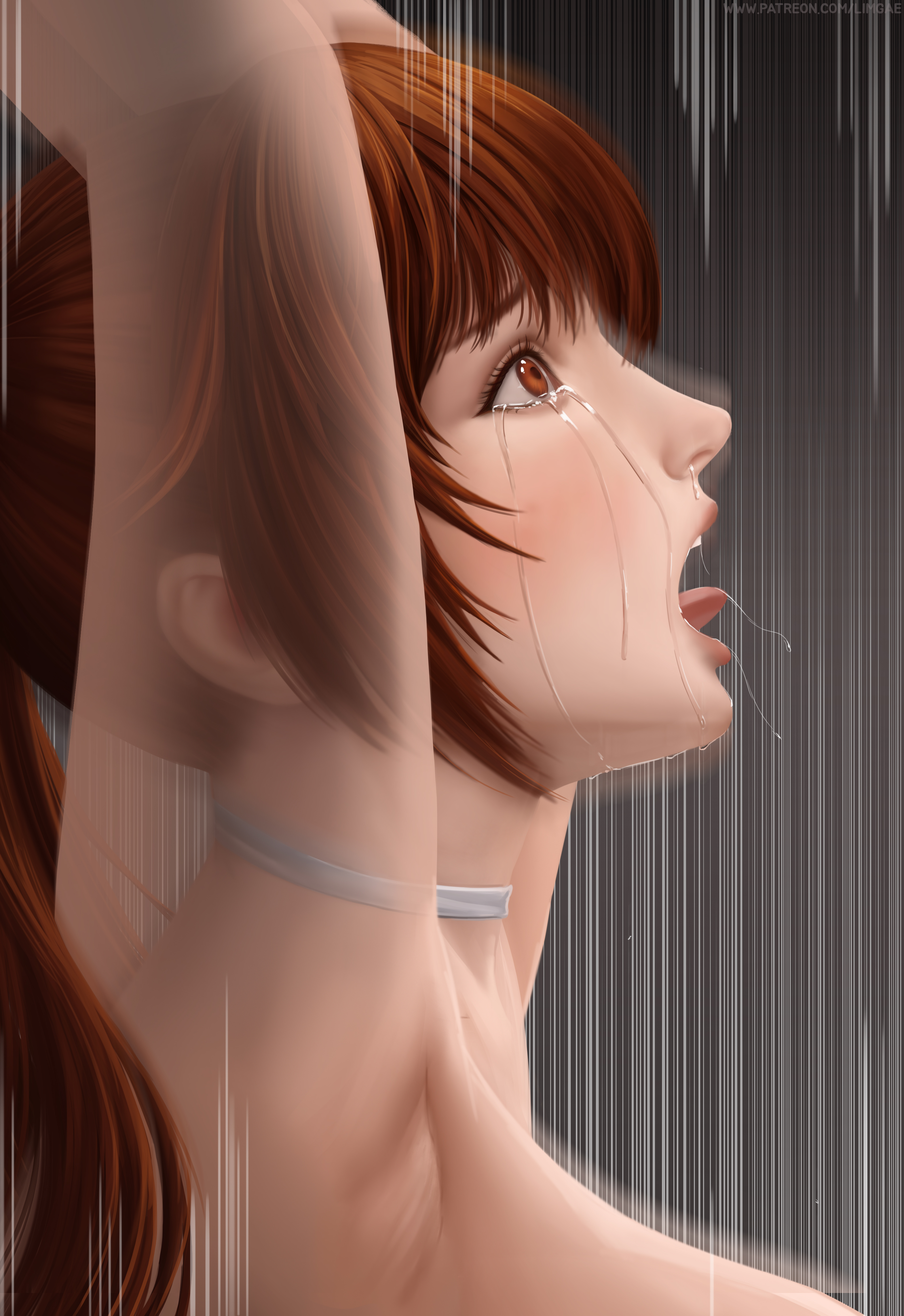 1girls, absurdres, armpits, blush, breasts, brown eyes, brown hair, chains, chinese clothes, clavicle, crying, crying with eyes open, dead or alive, female, female only, high resolution, highres, implied rape, implied sex, in profile, kasumi (doa), limgae, offscreen sex, open mouth, ponytail, public use, rape, restrained, saliva, see-through, solo, stuck in wall, tears, tongue, tongue out, upper body, url