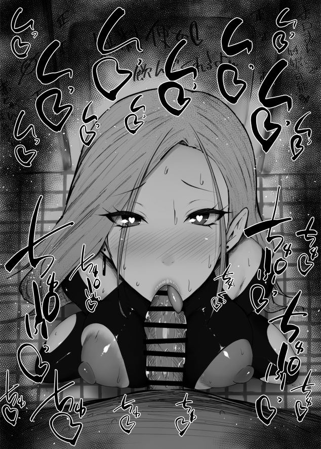 :>=, 1boy, 1girls, bare shoulders, big breasts, big penis, black and white, blowjob, blush, bodysuit, breasts, censored, dark skin, dark-skinned male, detailed background, drooling, erect nipple, erect nipples, eyelashes, fellatio, female, hair over one eye, heart, heart-shaped pupils, human, indoor, indoors, interracial, kisara (tales), kurotama, long hair, looking at viewer, male, male pov, nipples, oral, oral sex, penis, pov, room, saliva, shiny, shiny skin, sketch, sound effects, squatting, sweat, tales of (series), tales of arise, text, tongue, tongue out, vein, veins, veiny, veiny penis