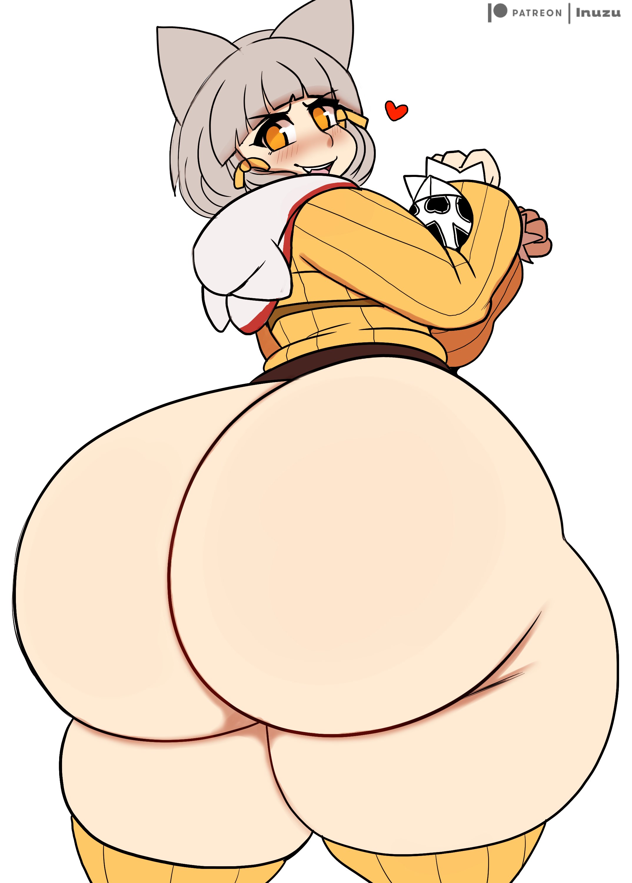 1girls, animal ears, ass, ass focus, big ass, blush, bottom heavy, bottomless, bubble ass, bubble butt, clothing, fat ass, female, female only, gigantic ass, grey hair, huge ass, hyper, hyper ass, inuzu, jiggle, jiggling ass, large ass, looking at viewer, looking back, massive ass, nia, nia (xenoblade), overweight female, rear view, solo, thick ass, thick thighs, thighhighs, thunder thighs, xenoblade (series), xenoblade chronicles 2, yellow eyes