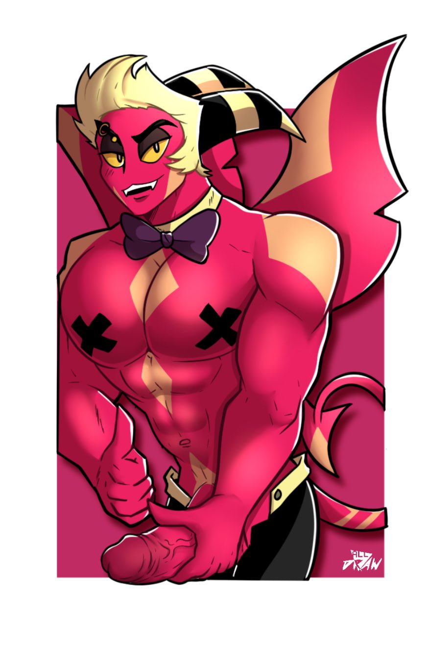 1boy, abs, all draw, bowtie, cock, covered nipples, erect penis, erection, hand on penis, helluva boss, horns, imp, jesse (helluva boss), looking at viewer, male, male only, muscular, nipple pasties, nipples, pasties, penis, pink skin, smile, smiling, solo, solo focus, solo male, tail, topless, white hair, wings
