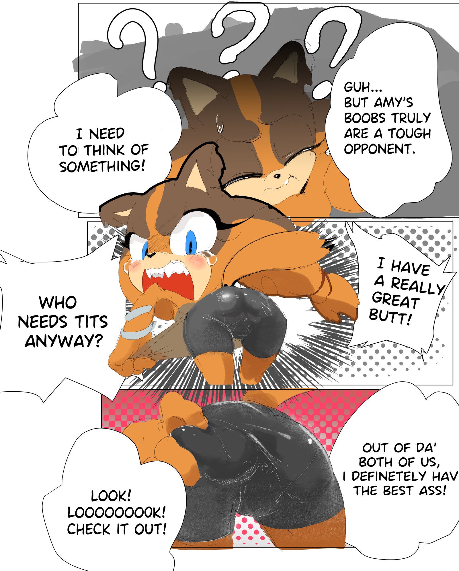 1girls, 2022, ass, ass focus, ass grab, butt grab, dialogue, female, howiee, pantylines, presenting hindquarters, shorts, sonic (series), sonic boom, spats, sticks the badger, sweat, sweatdrop, sweating, tears, text, text box, text bubble