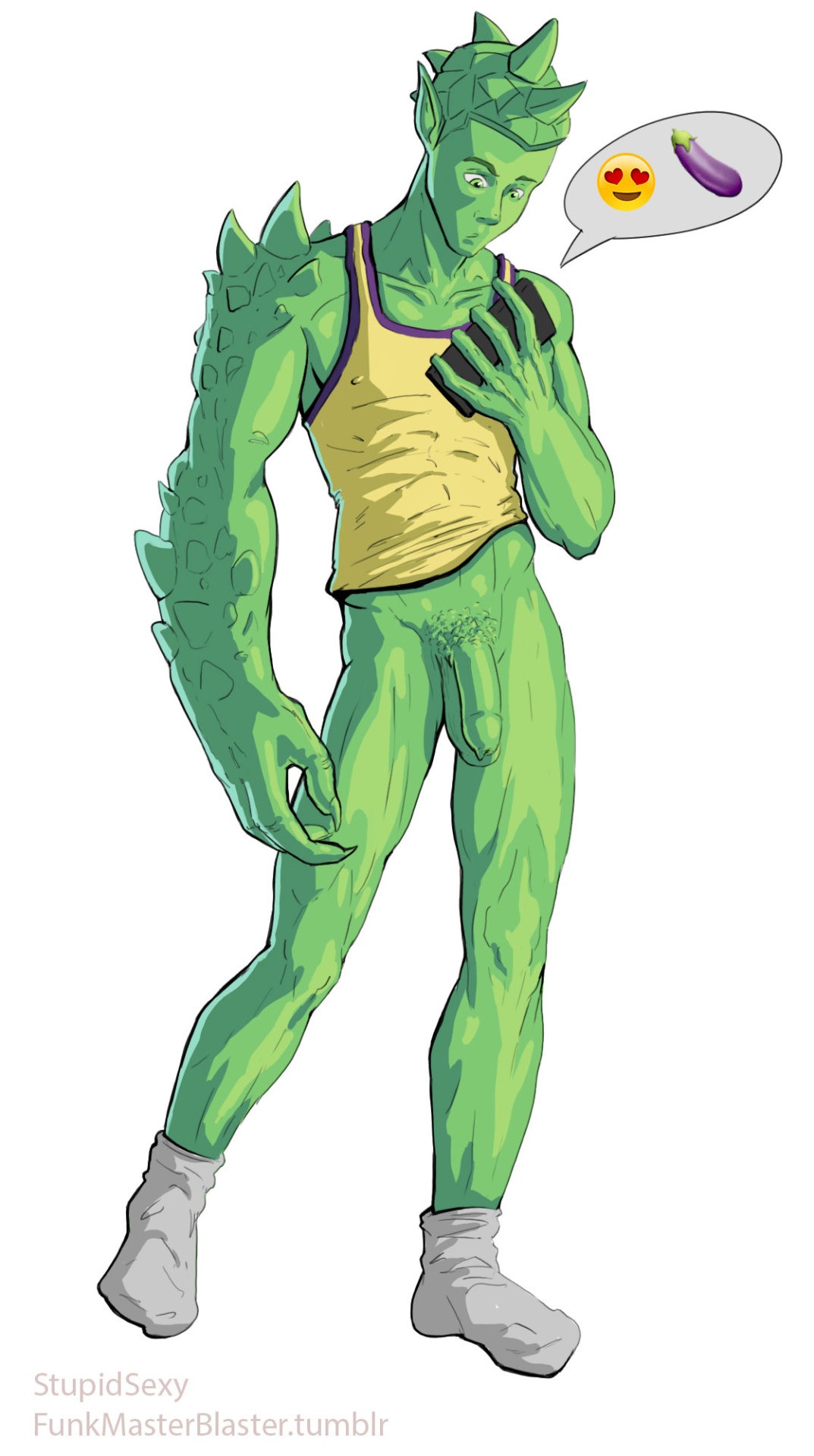 1boy anole bottomless cellphone eggplant_emoji emoji flaccid funkmasterblaster green_eyes green_skin male male_only marvel marvel_comics muscular muscular_male pointy_ears socks solo solo_male tank_top uncut x-men