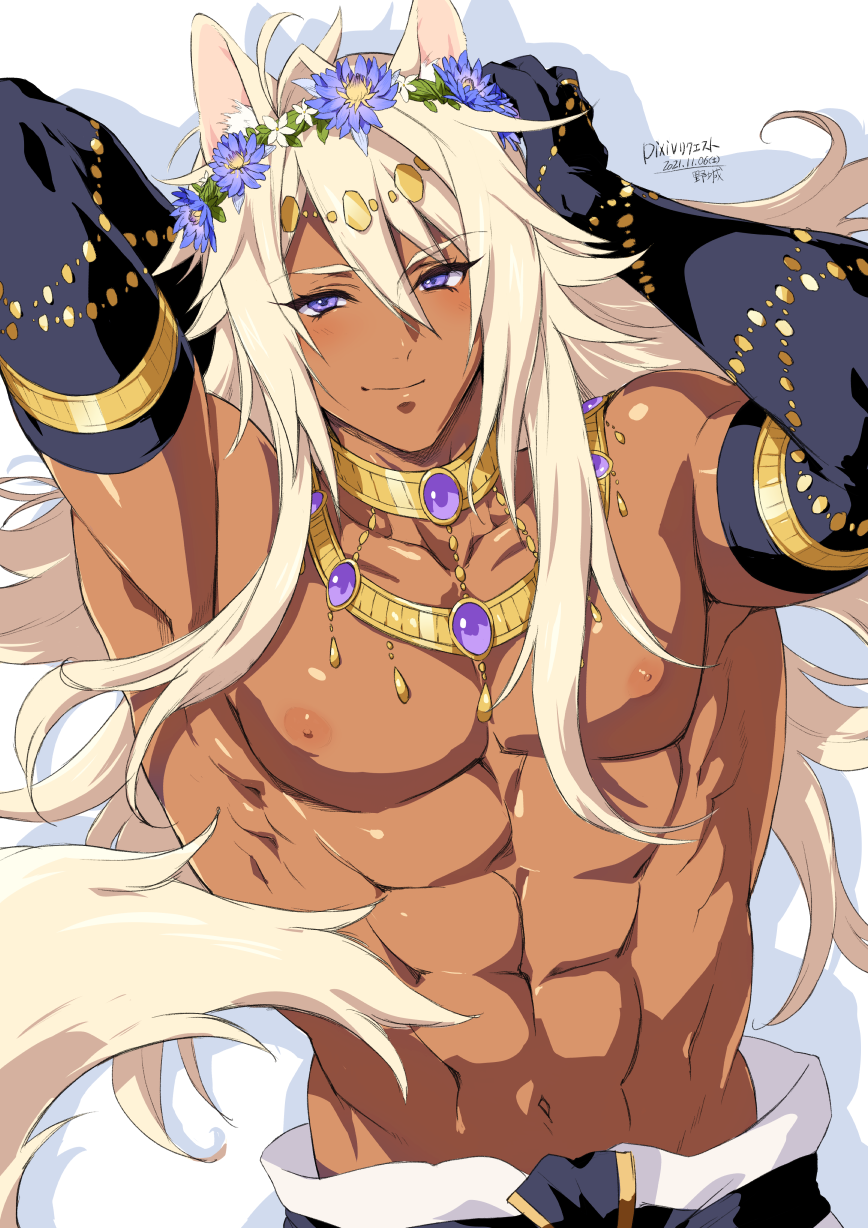 abs ambush_(trap) androgynous animal_ears blue_eyes cat_ears deathblight elbow_gloves femboy gloves jewelry long_hair looking_at_viewer male muscles muscular_femboy muscular_male navel nipples pecs sethos_(deathblight) smile solo white_hair yazirou