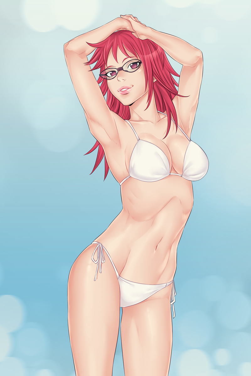 armpits, arms behind head, arms up, bikini, breasts, cleavage, female, glasses, linart, long hair, looking at viewer, medium breasts, midriff, naruto, naruto (series), naruto shippuden, navel, outdoors, posing, red eyes, red hair, smile, solo, solo focus, swimsuit, uzumaki karin, white bikini
