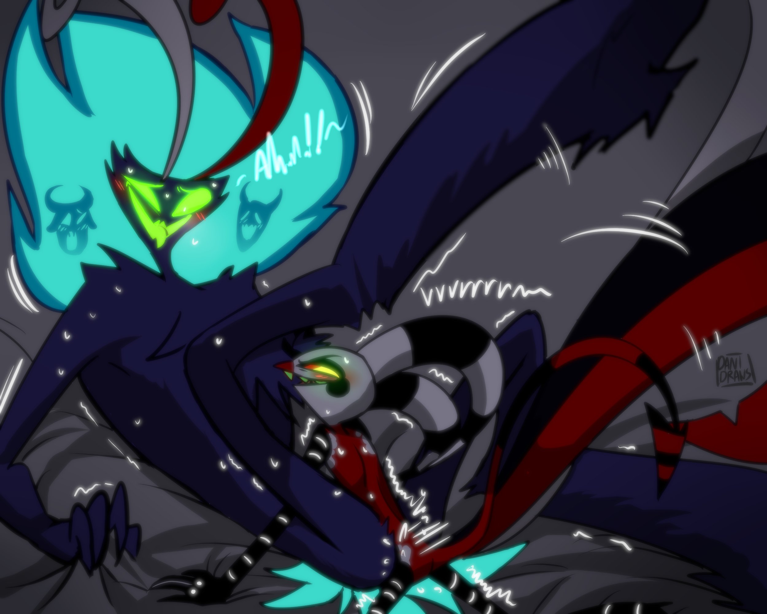 2boys, ahe gao, anal, anal sex, asmodeus (helluva boss), blush, danidrawsandstuff, demon, fizzarolli (helluva boss), furry, gay, gripping sheets, helluva boss, looking pleasured, looking up, male, male only, male/male, mating press, missionary position, naked, nude, on bed, red skin, size difference, small dom big sub, smaller male, smile, smiling, spread legs, sweat, sweating, tail, thighs, thrusting, tongue, tongue out, vibrator, yaoi