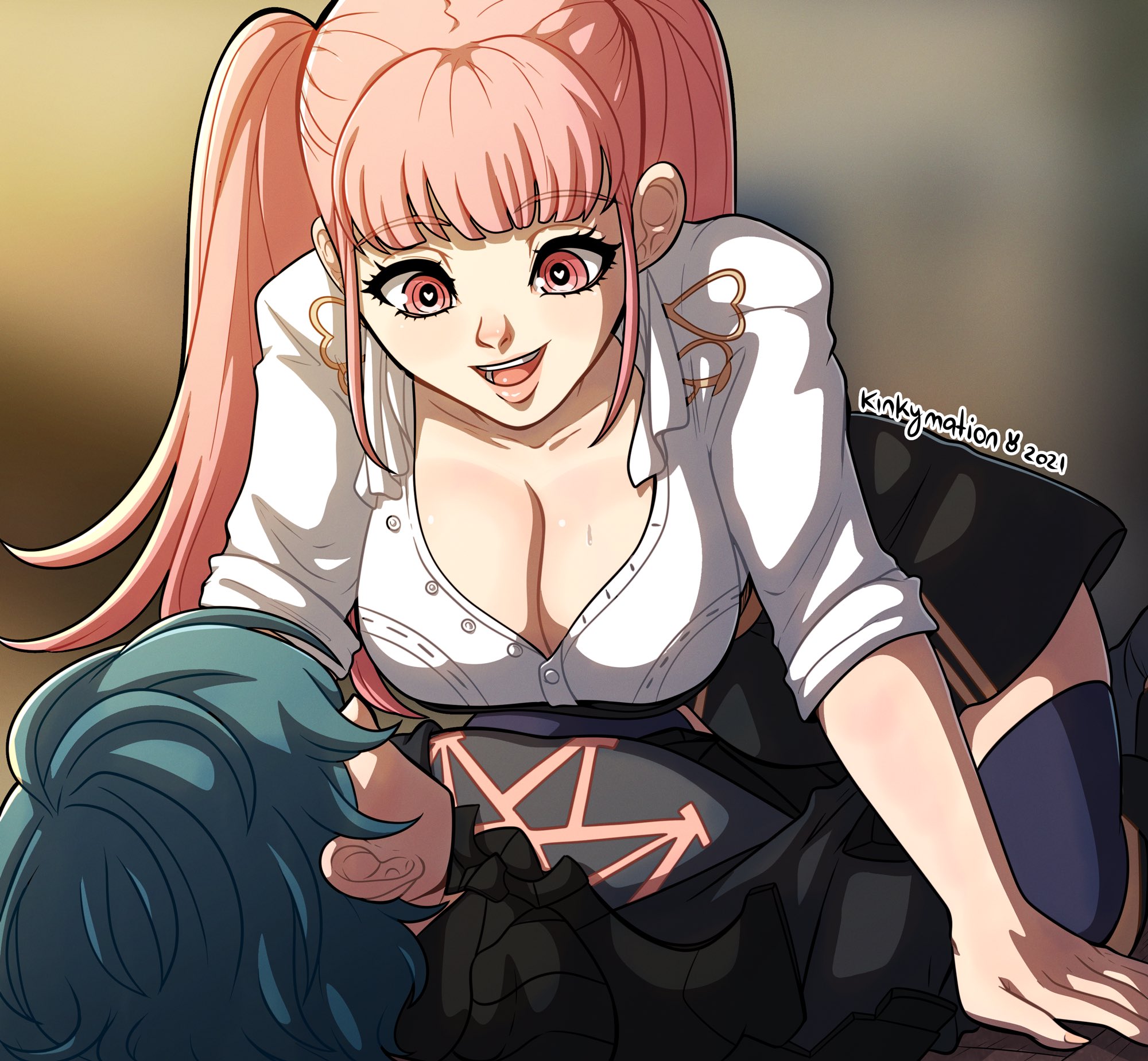 1boy, 1girls, bedroom eyes, blue hair, blue legwear, breasts, byleth (fire emblem), byleth (fire emblem) (male), cleavage, clumsy, female, fire emblem, fire emblem: three houses, garreg mach monastery uniform, heart, heart-shaped pupils, highres, hilda valentine goneril, kinkymation, large breasts, light skin, light-skinned female, light-skinned male, lying on person, male, nintendo, pink eyes, pink hair, signature, skirt, symbol-shaped pupils, teacher and student, teenage female, teenager, thighhighs, tripping, twintails