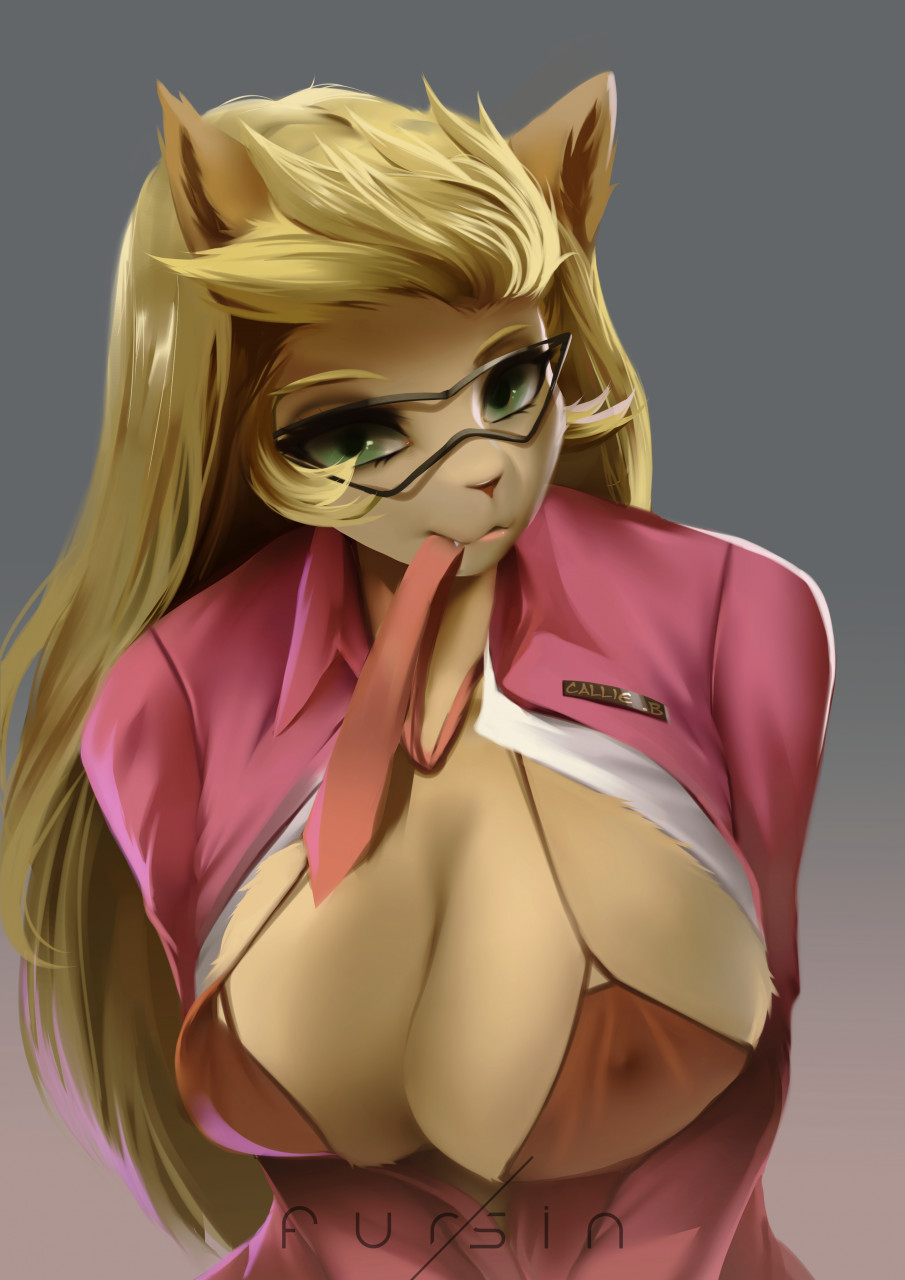 anthro big_breasts blonde_hair bra breasts callie_briggs clothed clothing clothing_in_mouth domestic_cat exposed_breasts eyewear fangs felid feline felis female furry fursin glasses hair hanna-barbera hi_res huge_breasts long_hair mammal necktie nipple_outline object_in_mouth office_lady open_clothing open_shirt open_topwear shirt solo swat_kats topwear underwear