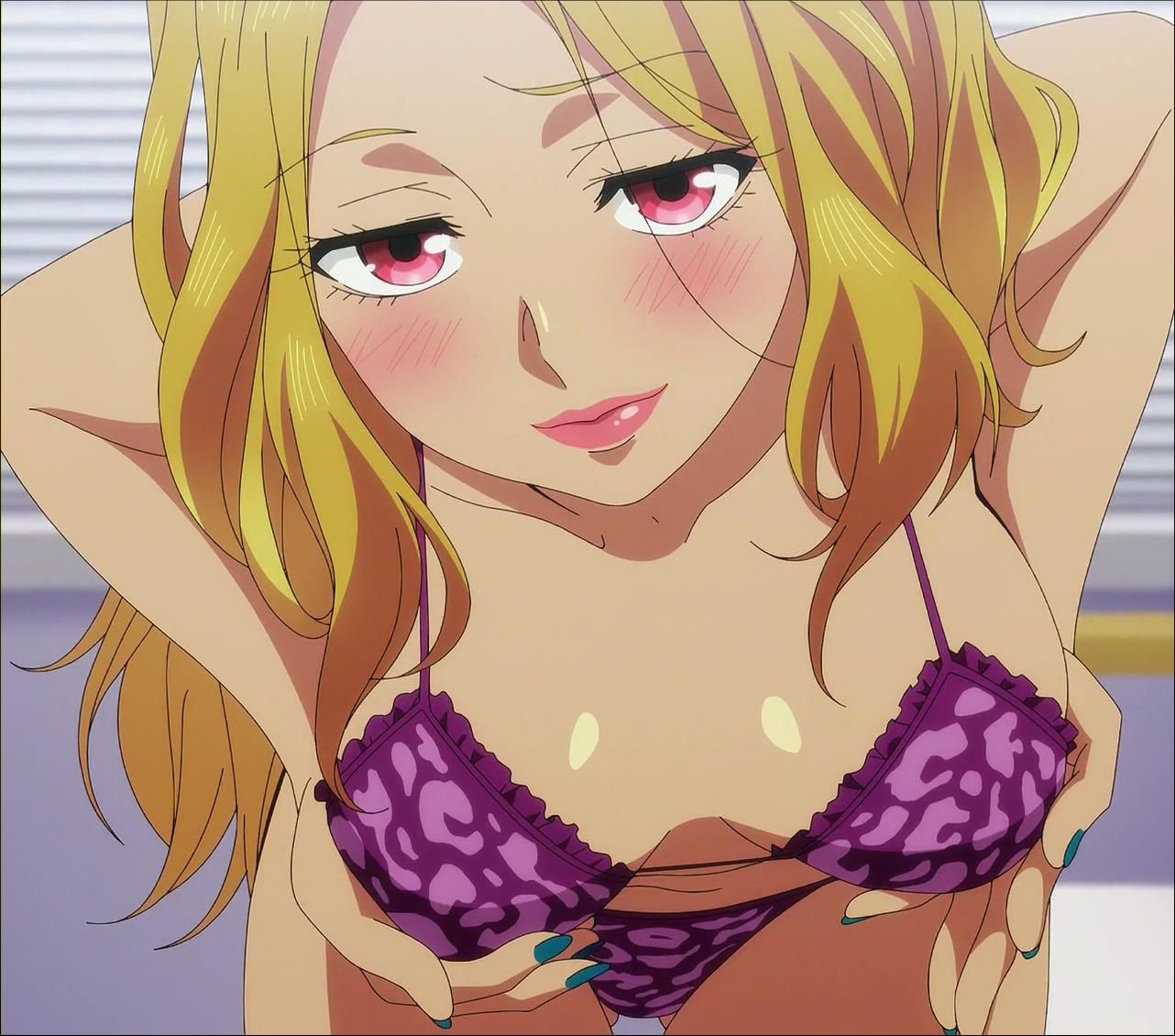 blonde hair, breasts, dark skin, female, holding breast, purple underwear, red eyes, screencap, seductive, seductive eyes, seductive look, shuumatsu no harem, yanagi rikka