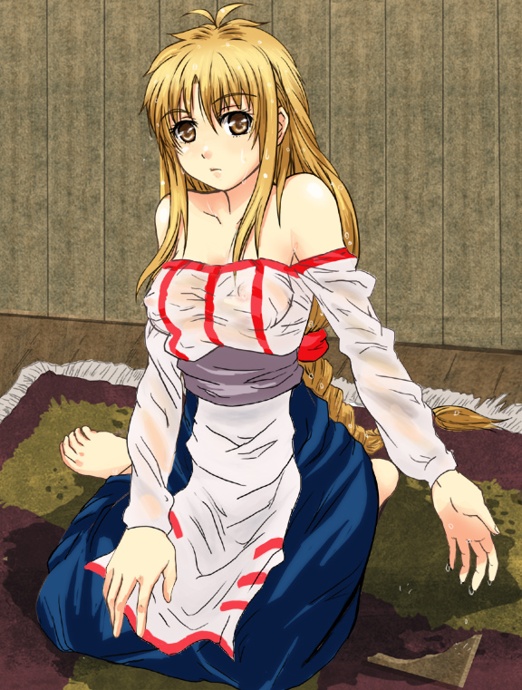 arc_the_lad arc_the_lad_ii bare_shoulders barefoot blonde_hair braid dress feet female hosi lieza long_hair pointy_chin see-through single_braid sitting solo wet yellow_eyes