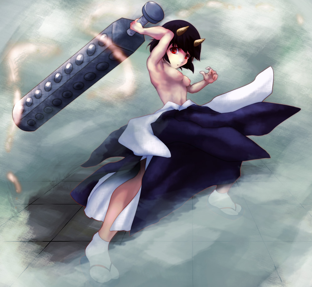 black_hair bob_cut breasts club drias female female_only full_body gedomaru gintama hakama horns japanese_clothes kanabou nipples oni oni_horns red_eyes sandals short_hair small_breasts solo tabi topless weapon youkai zouri