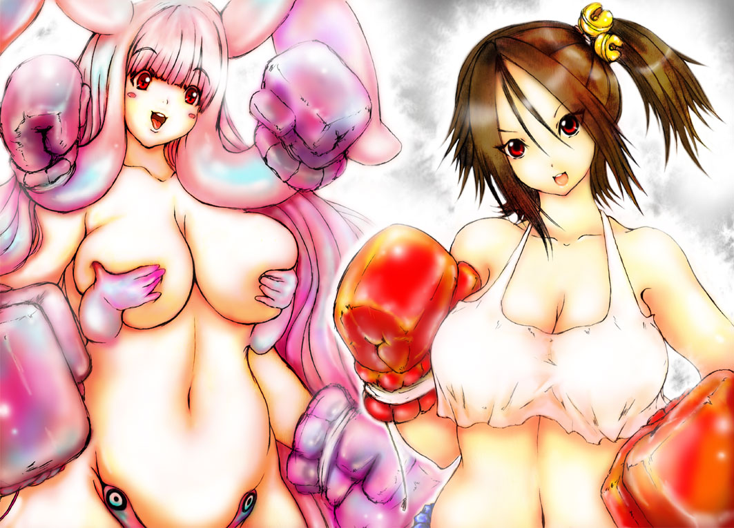 2girls bare_shoulders bell boxer boxing boxing_gloves breast_press breasts brown_hair covering covering_breasts female female_only gloves hair_intakes hair_ornament head_tilt hips large_breasts light-skinned_female light_skin long_hair looking_at_viewer melona monster_girl multiple_girls navel pink_boxing_gloves pink_gloves pink_hair queen's_blade red_boxing_gloves red_gloves shirt side_ponytail sport standing top tsukasawa_takamatsu upper_body wide_hips