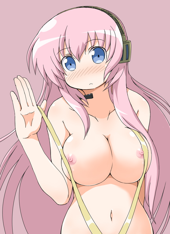 1girls blue_eyes blush breasts female headphones headset large_breasts long_hair megurine_luka naitou_kouse nipples no_nose pink_hair sling_bikini sling_bikini_aside solo swimsuit vocaloid