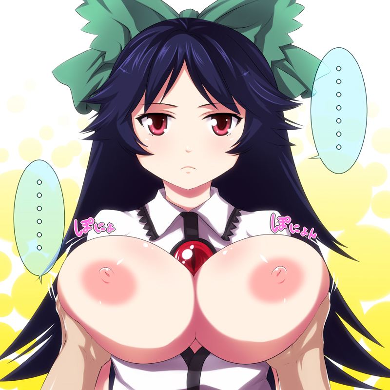 1girls black_hair bow breast_grab breasts eyes female hairbow huge_breasts kuroino long_hair nipples red_eyes solo touhou translated utsuho_reiuji