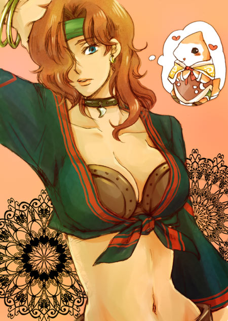 blue_eyes bra_cups_sticking_out breasts brown_hair choker cleavage clothing felecca front-tie_top headband heart midriff nata_(artist) numnu porposkin suikoden suikoden_tierkreis thought_bubble tied_shirt