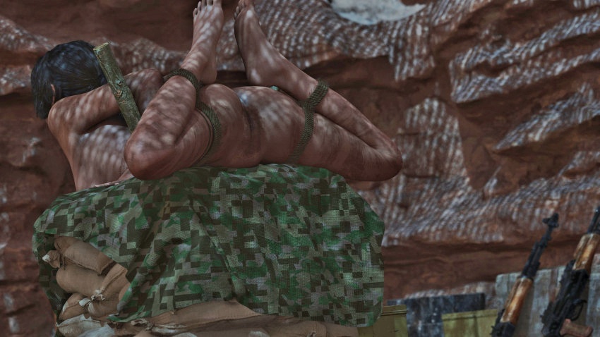 3d arms_behind_back bondage bound camo camouflage cave completely_nude dirty fatcat17 gagged gun hogtie lara_croft lara_croft_(survivor) legs_apart on_stomach outside presenting_pussy rifle rope rope_bondage sandbag sandbags spread_legs tagme tomb_raider