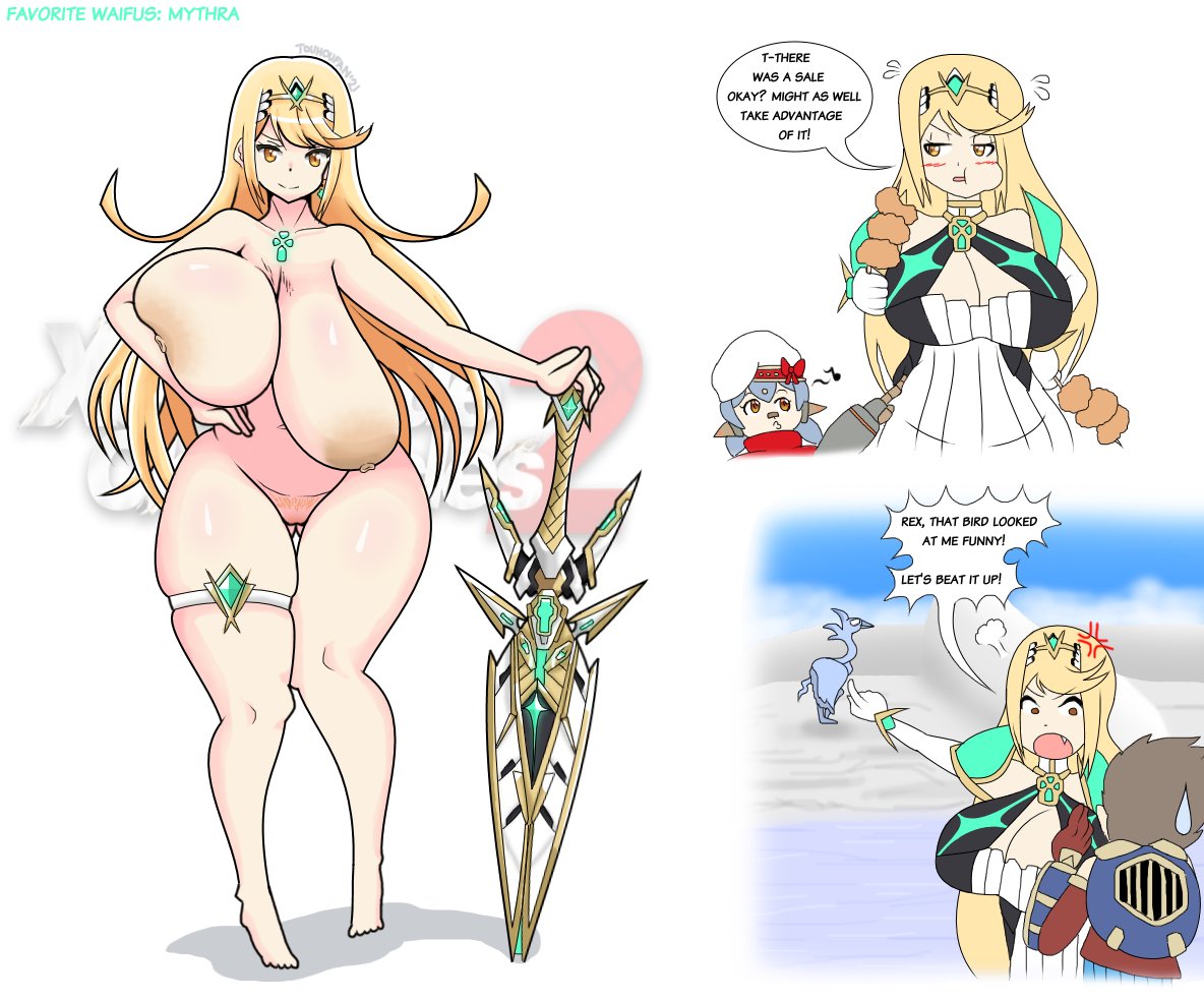 2girls alternate_breast_size blonde_hair dialogue funny huge_breasts large_breasts long_hair multiple_girls mythra_(xenoblade) nintendo nude poppi_(xenoblade) poppi_alpha_(xenoblade) rex_(xenoblade) text thick_thighs touhoufan white_background xenoblade_(series) xenoblade_chronicles_2