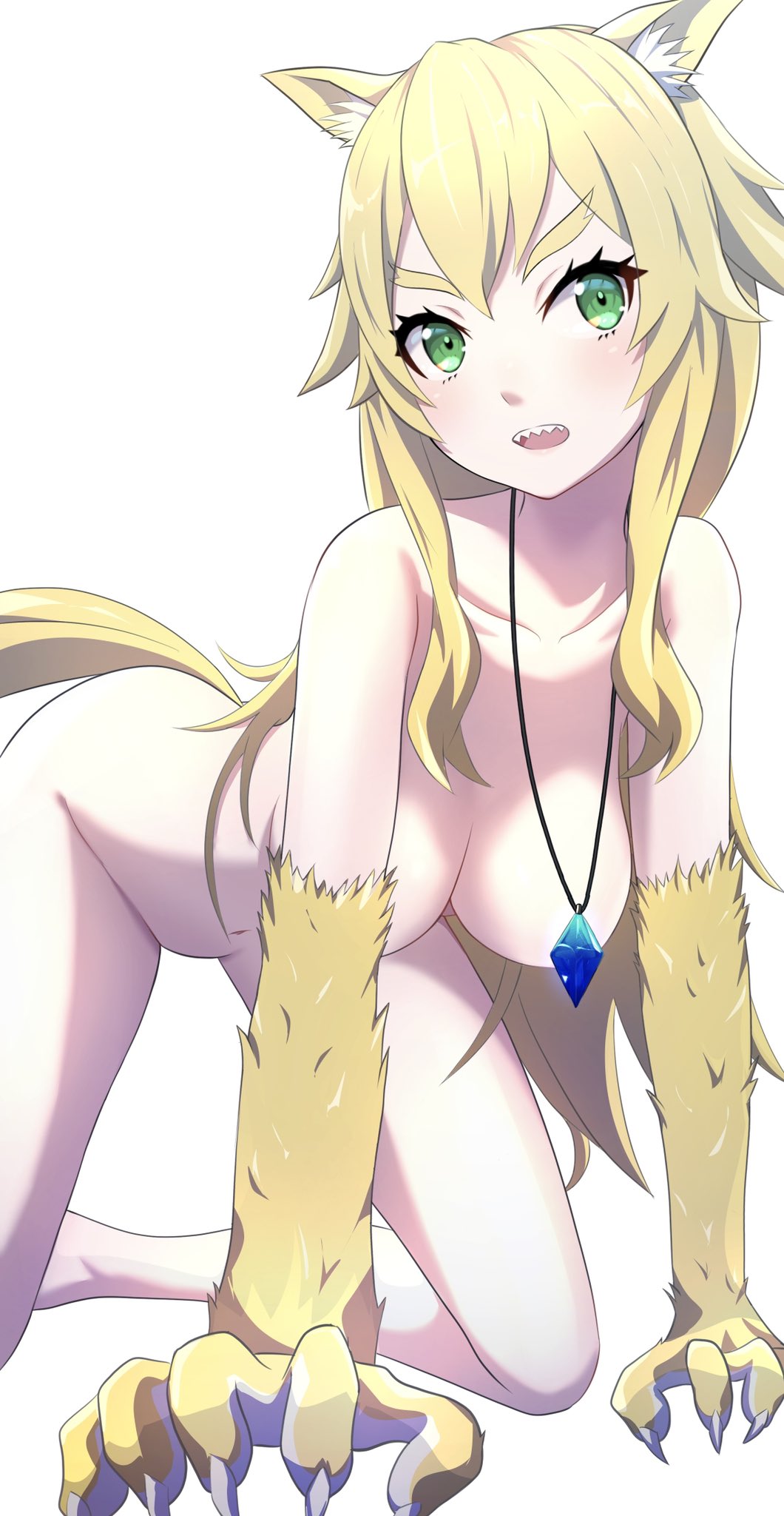 animal_ears animal_hands blonde_hair camui1104 crossed_bangs dog_ears dog_tail female frederica_baumann green_eyes inumimi large_breasts long_hair na-suke na_suke1104 necklace nude re:zero_kara_hajimeru_isekai_seikatsu sharp_teeth sidelocks tail thighs