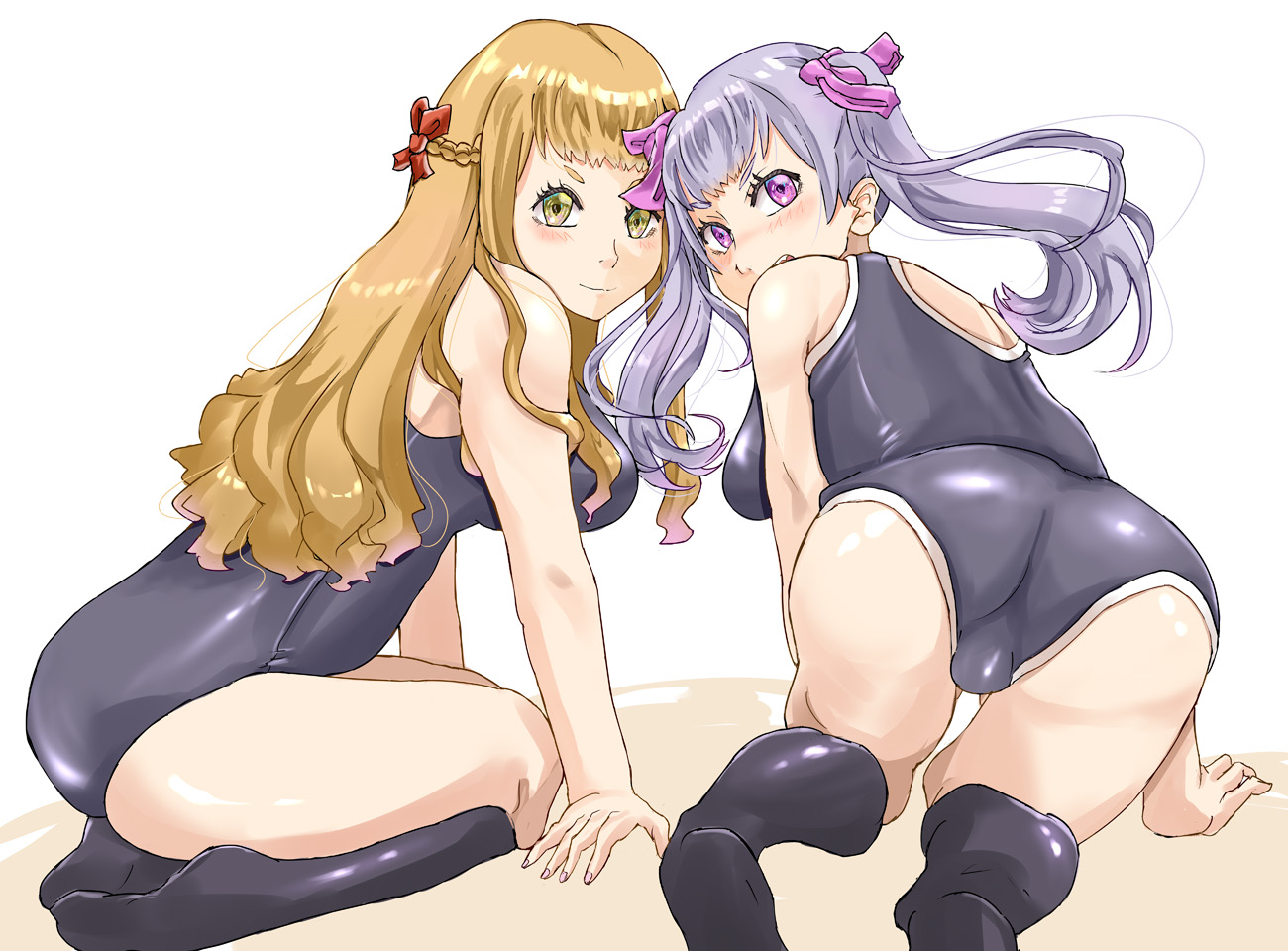 2girls, ass, big ass, black clover, cousins, female, female only, green eyes, looking at viewer, looking back, mimosa vermillion, multiple females, multiple girls, noelle silva, orange hair, purple eyes, school swimsuit, silver hair