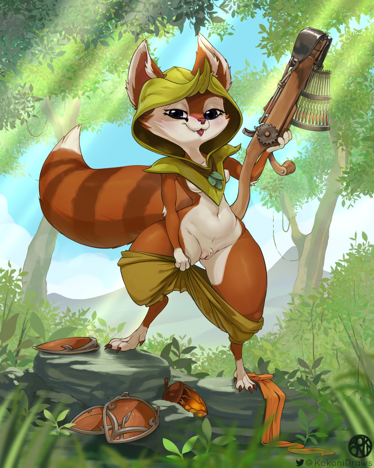 1girls 4:5 anthro breasts clothed clothing crossbow dota dota_2 female female_only fluffy_tail forest fur genitals hi_res holding_object holding_weapon hoodwink_(dota) kokoni mammal outside pants_down partially_clothed plant pussy ranged_weapon rodent sciurid solo tongue tongue_out tree tree_squirrel video_games weapon