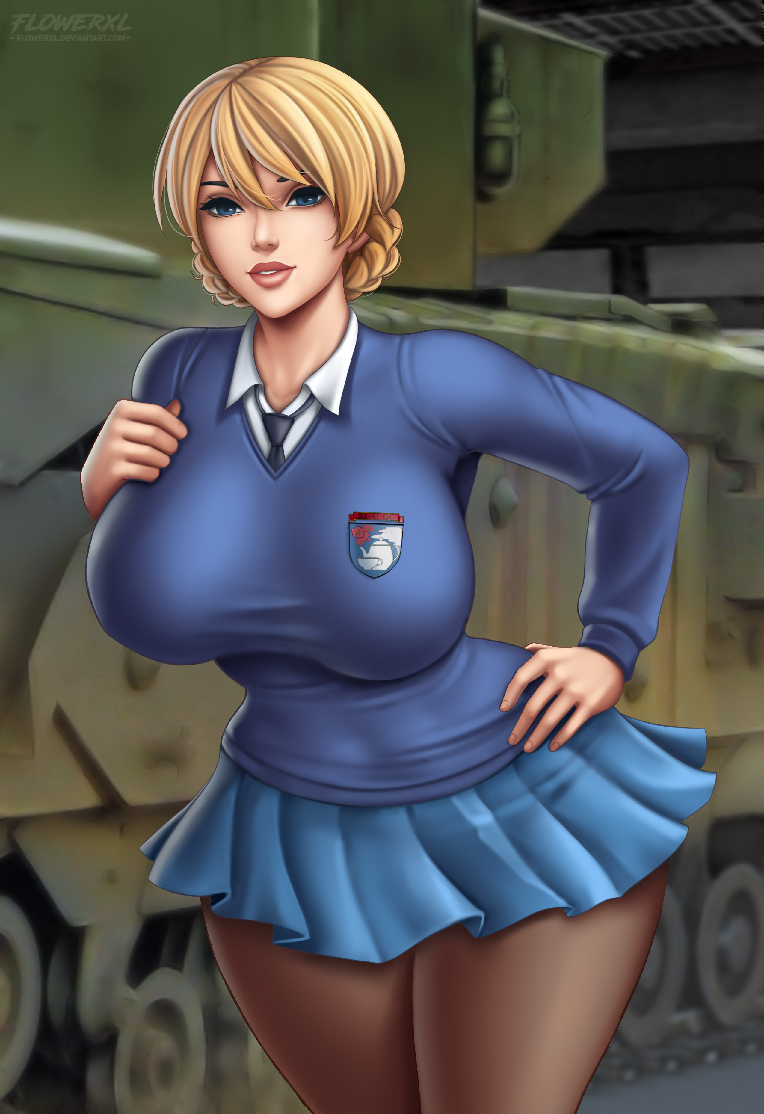 1girls, adult, ass, big ass, big breasts, big hips, blonde female, blonde hair, blue skirt, blue sweater, braid, braided hair, breasts, darjeeling, female, female only, flowerxl, girls und panzer, hourglass figure, light skin, light-skinned female, mature female, milf, miniskirt, mommy, necktie, pantyhose, pleated skirt, school uniform, short hair, skirt, solo, st. gloriana's school uniform, sweater, tank, thick thighs, tight clothing, tights, voluptuous, voluptuous female, wide hips