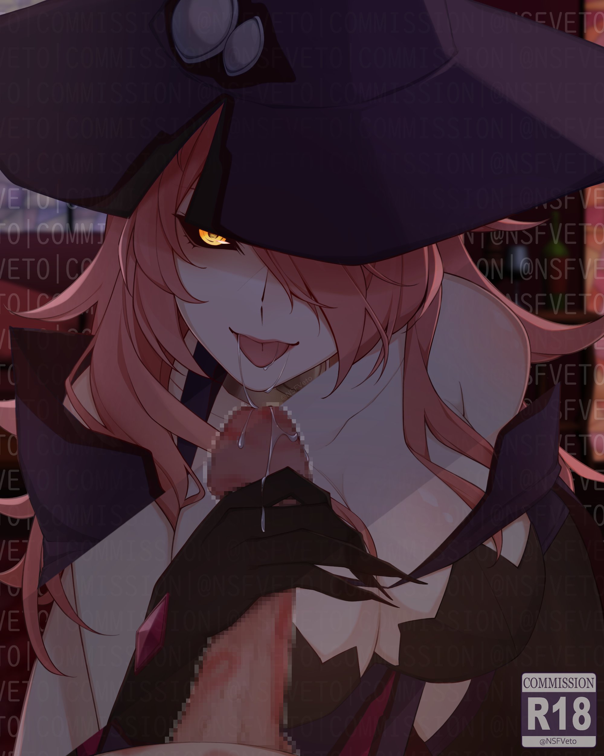 1boy, 1girls, arc system works, blazblue, censored, clothed female nude male, eye contact, female, gloved handjob, gloves, hair over one eye, handjob, konoe a mercury, light skin, light-skinned female, light-skinned male, long hair, looking back, male, male pov, milf, nine the phantom, nsfveto, pink hair, pov, precum, witch, witch hat