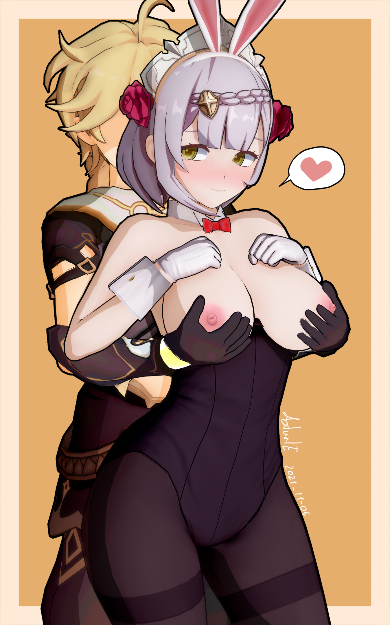actuale, aether (genshin impact), breasts, bunny girl, bunnysuit, cute, cute face, embarrassed, female, flustered, genshin impact, holding breast, light skin, light-skinned female, light-skinned male, maid, male, noelle (genshin impact), wholesome