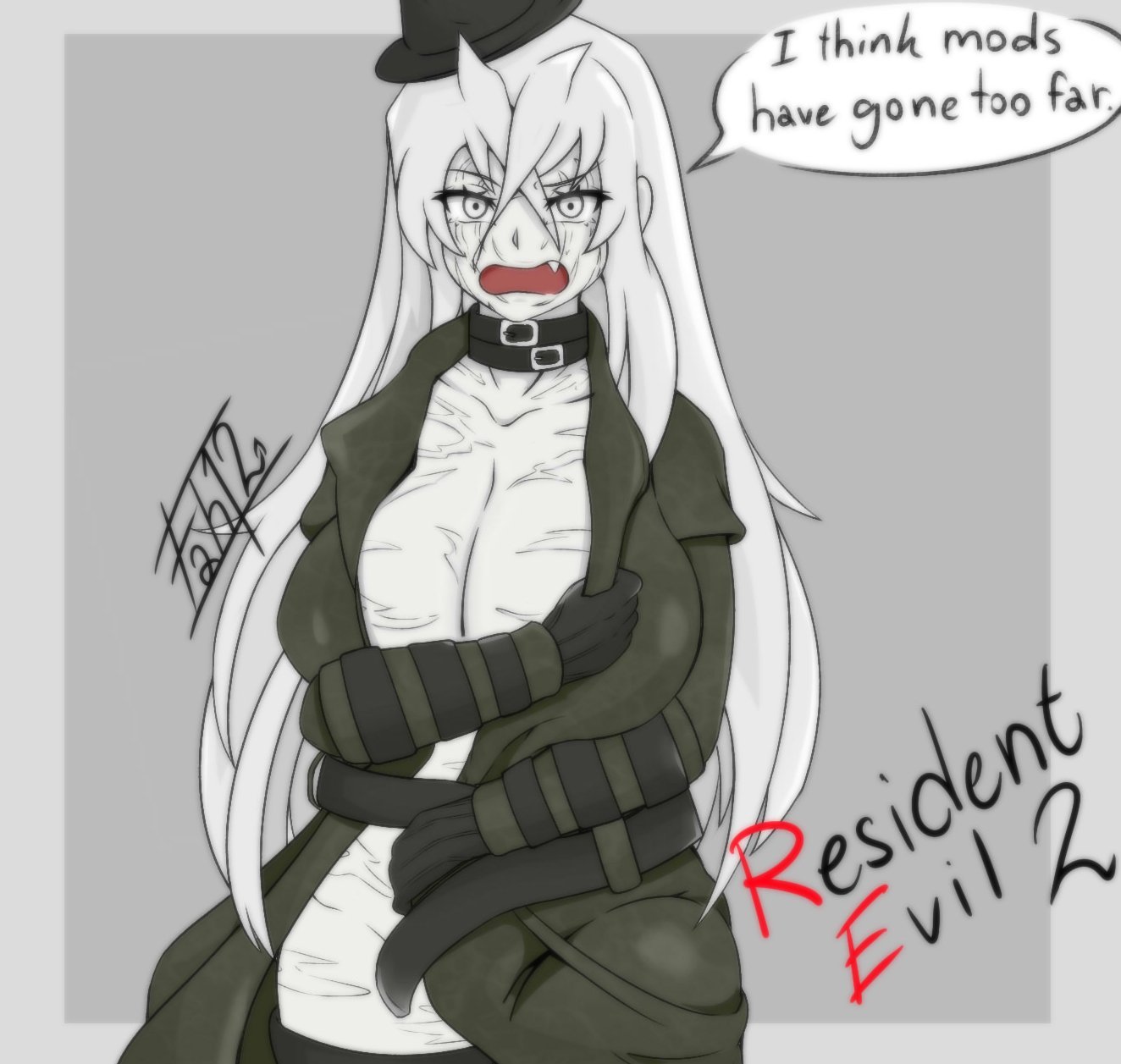 1girls, belt choker, big breasts, black hat, blush, breasts, choker, cleavage, coat, coat only, embarrassed, fah12enheit, female, genderswap, genderswap (mtf), gloves, grey gloves, hat, huge breasts, long hair, long white hair, monster girl, ms. x, open jacket, pale skin, resident evil, resident evil 2, rule 63, thighhighs, tsundere, white eyes, white hair, white skin