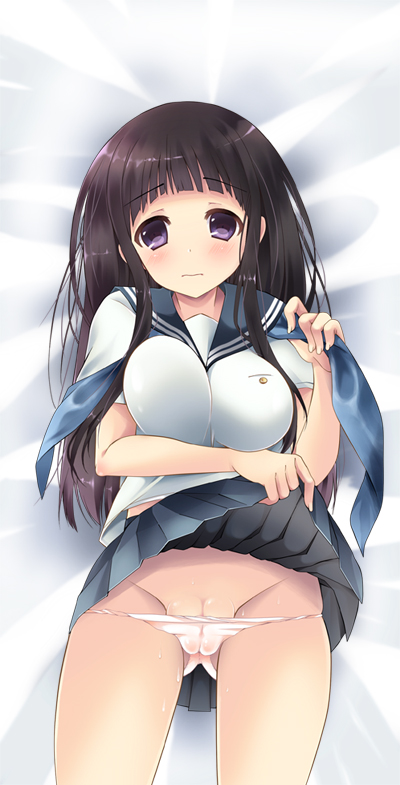 bangs black_hair blunt_bangs blush cameltoe chitanda_eru eyebrows_visible_through_hair female fully_clothed hyouka large_breasts lying purple_hair school_uniform skirt_lift solo yuunagi_seshina