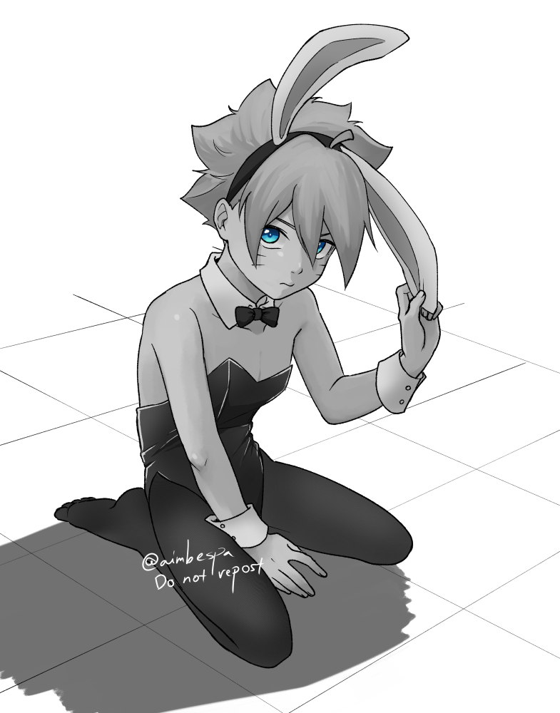 1boy, aimee (artist), bare shoulders, blue eyes, boruto: naruto next generations, bowtie, bunny ears, bunny girl, bunnysuit, collar, crossdressing, cuffs, dress, fake animal ears, feet, female, femboy, hairband, headband, kneeling, legwear, looking at viewer, male, male only, monochrome, naruto, naruto (series), on knees, pinup, shounen jump, sissy, sleeveless dress, sleeveless shirt, soles, solo, solo focus, solo male, spiky hair, stockings, teenager, thighhighs, toes, twink, uzumaki boruto, whisker markings, whiskers